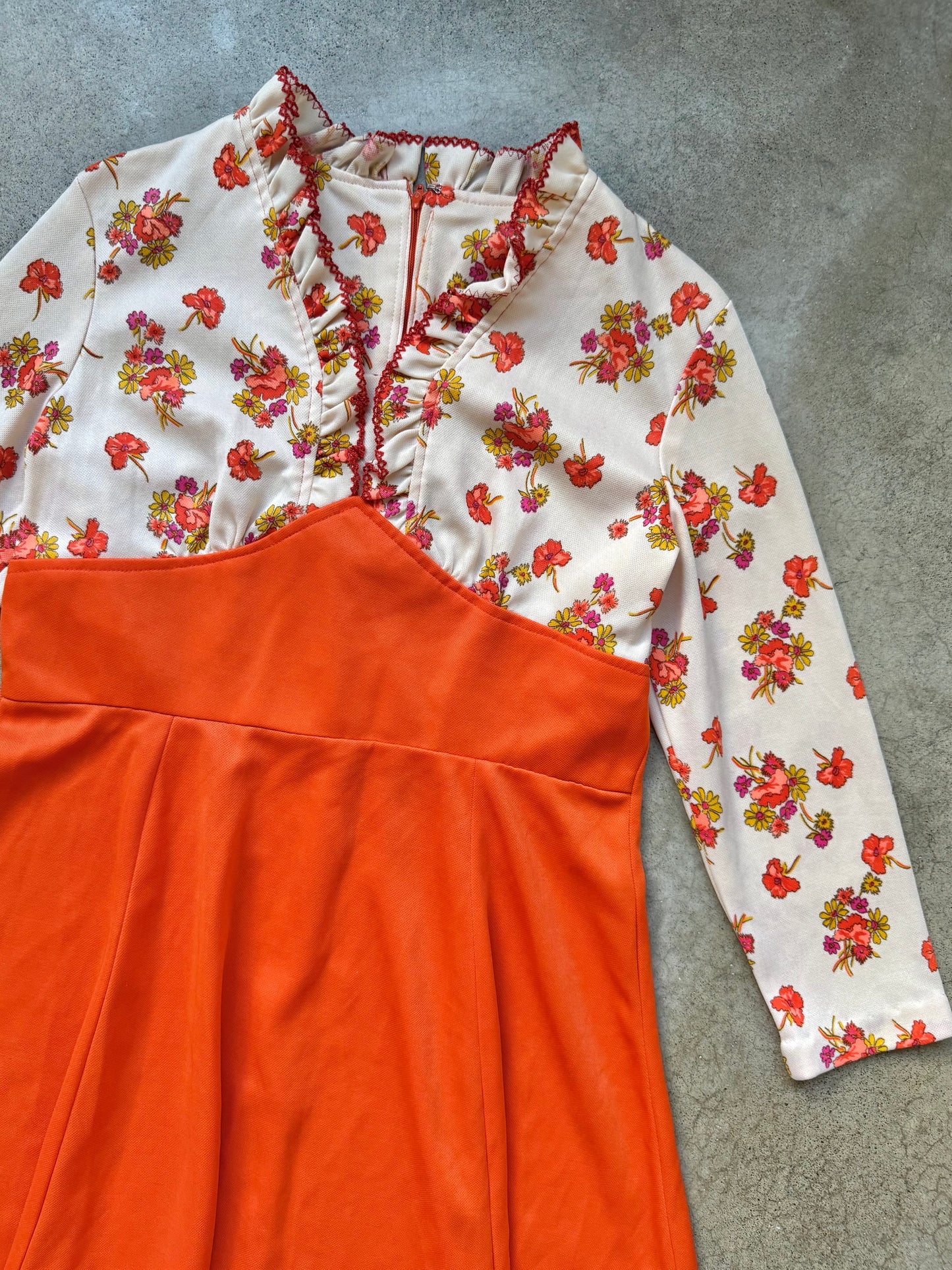 Vintage 1970s Orange Floral Print Long Sleeve Dress | Large