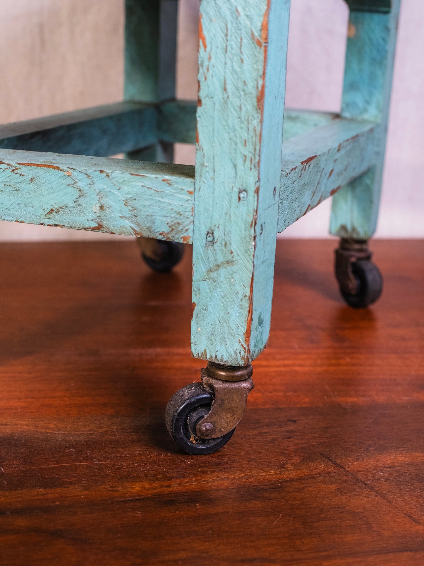 Vintage Handmade Teal Sewing Thread Spool Footstool w/ Wheels