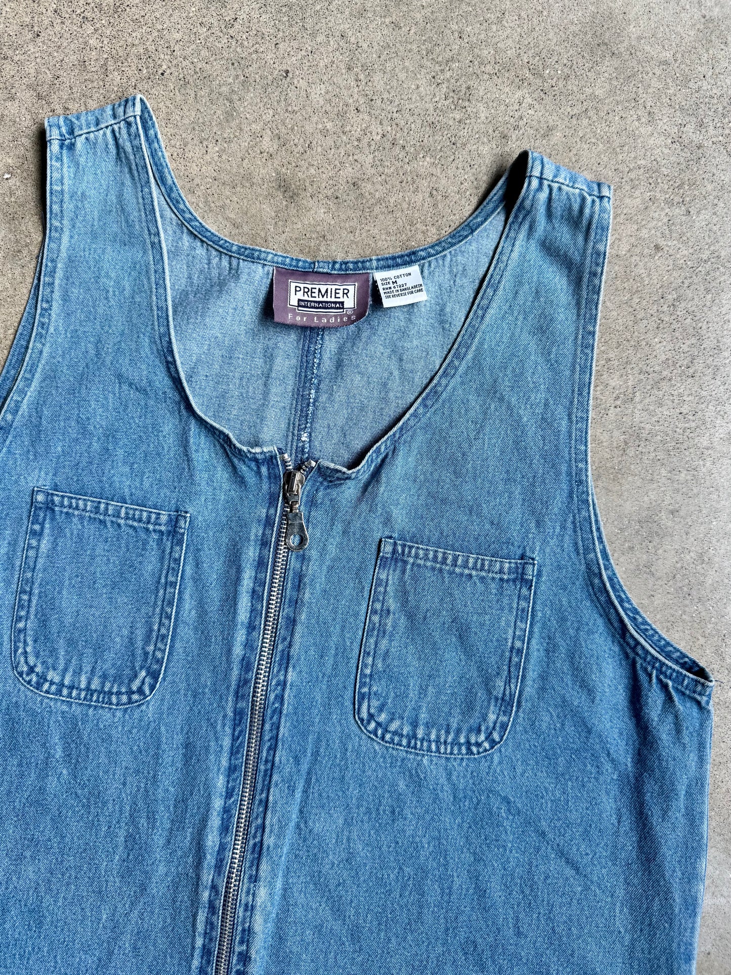 Vintage 1990s Premier International Zip-Up Sleeveless Denim Dress | Medium