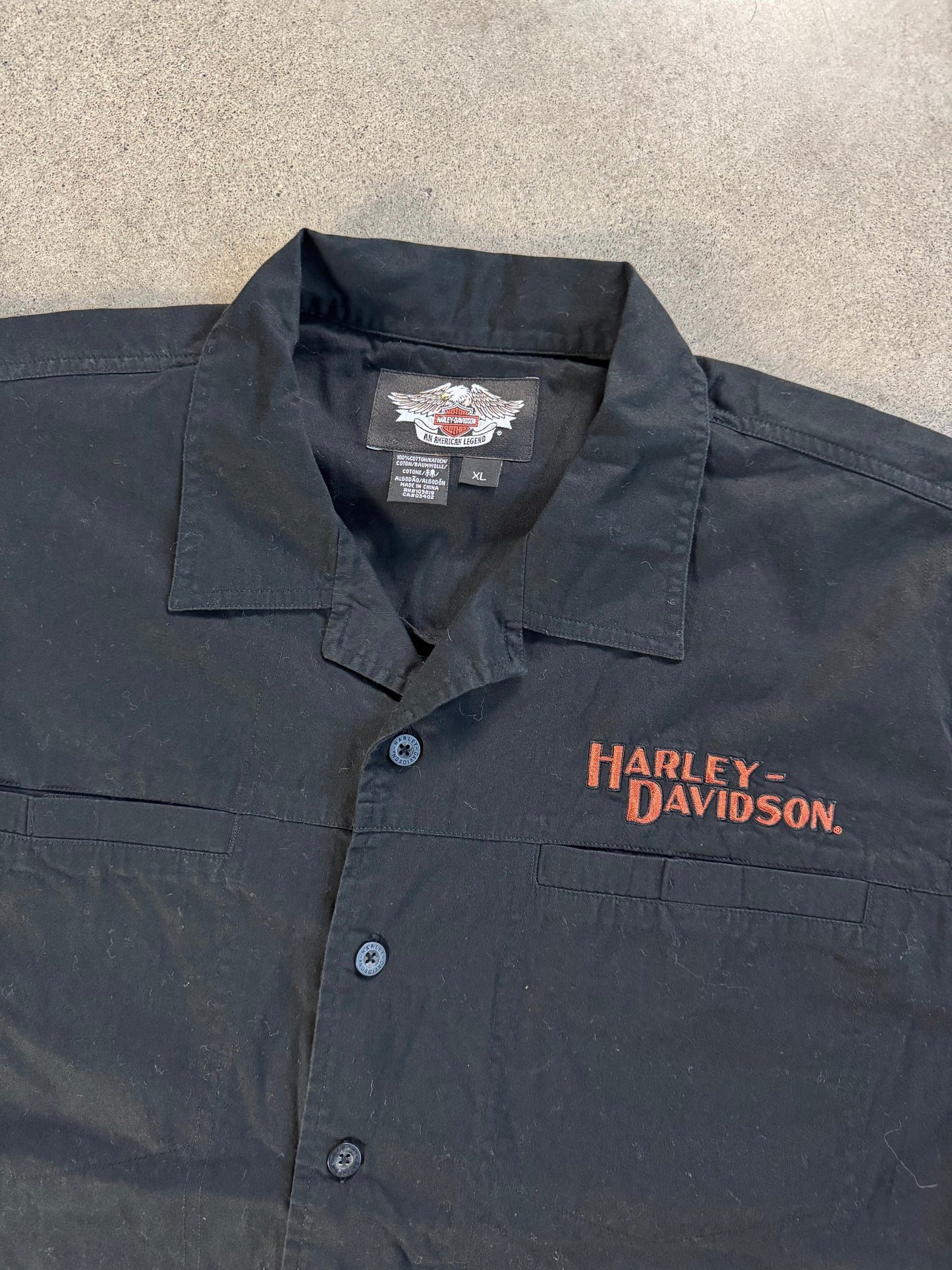 2000s Harley Davidson Black & Orange Embroidered Short Sleeve Shirt | XL