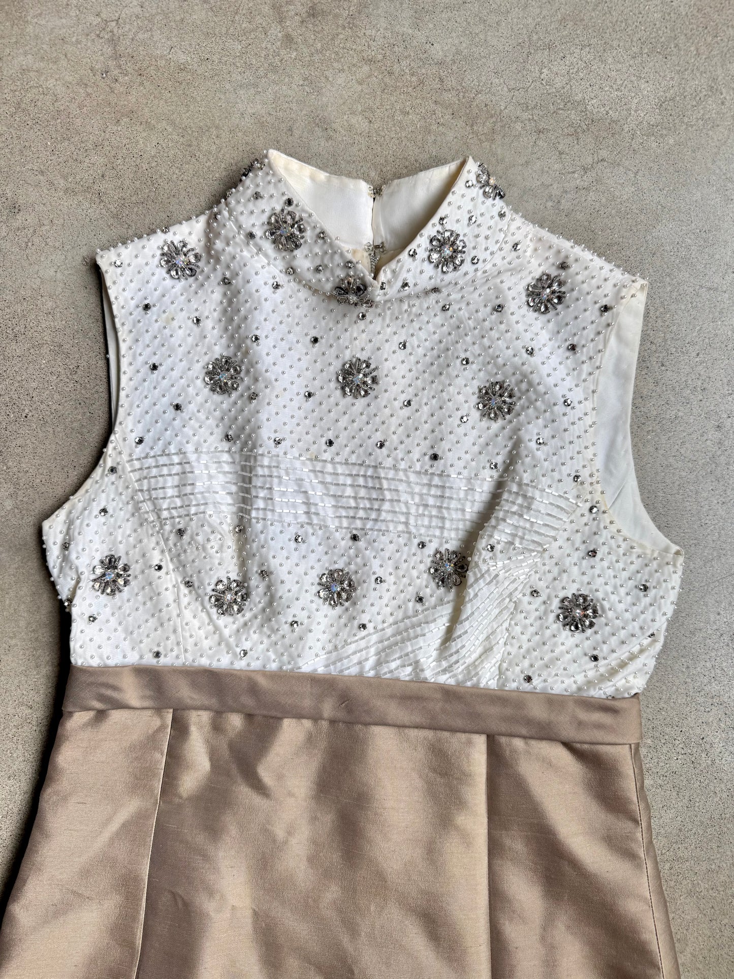 Vintage 1960s Dynasty Beaded High-Neck Sleeveless Cocktail Dress | S/M