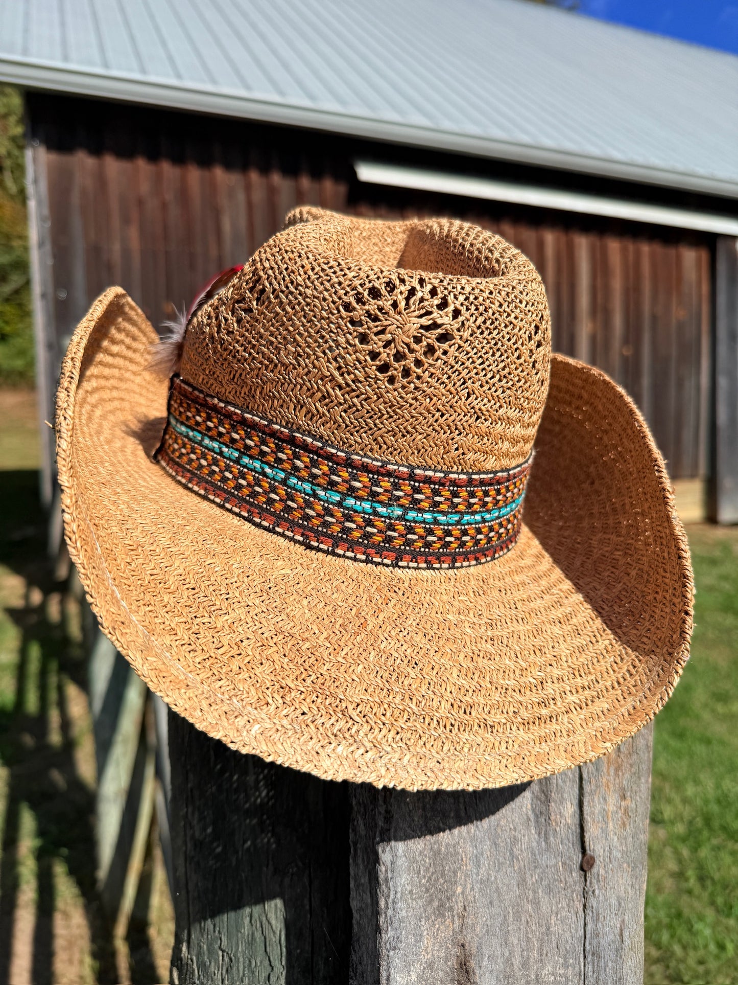 Vintage 1970s Straw Woven Feather Cowboy Hat