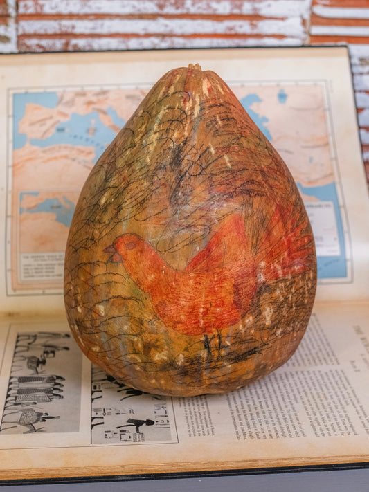 Vintage Folk Art Bird Drawing Decorative Gourd