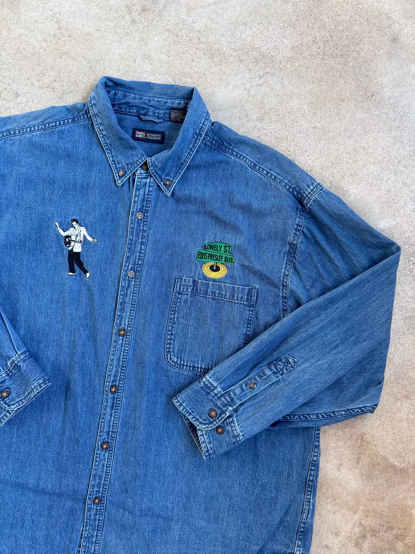 Vintage 1990s Elvis Presley "Treat Me Nice" Embroidered Denim Shirt | XXL