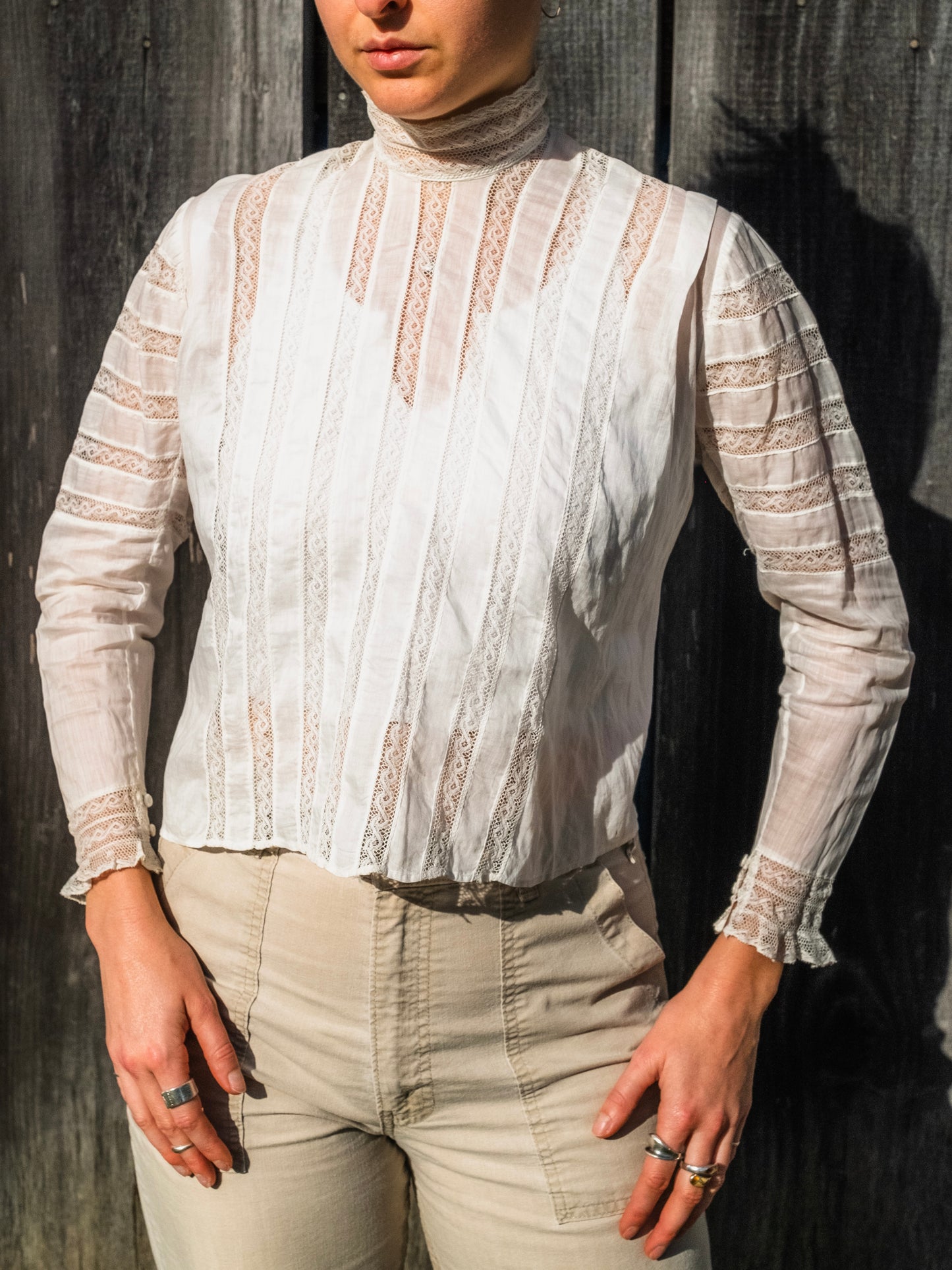 Antique 1900s Edwardian White Lace High-Neck Blouse | XS/S