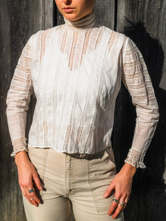 Antique 1900s Edwardian White Lace High-Neck Blouse | XS/S