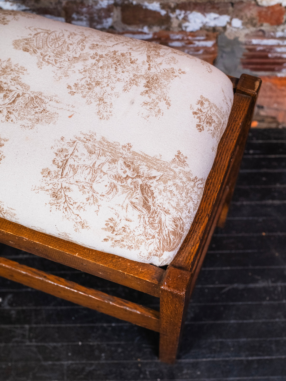 Antique Mission-Style Wood Toile Pattern Upholstered Footstool