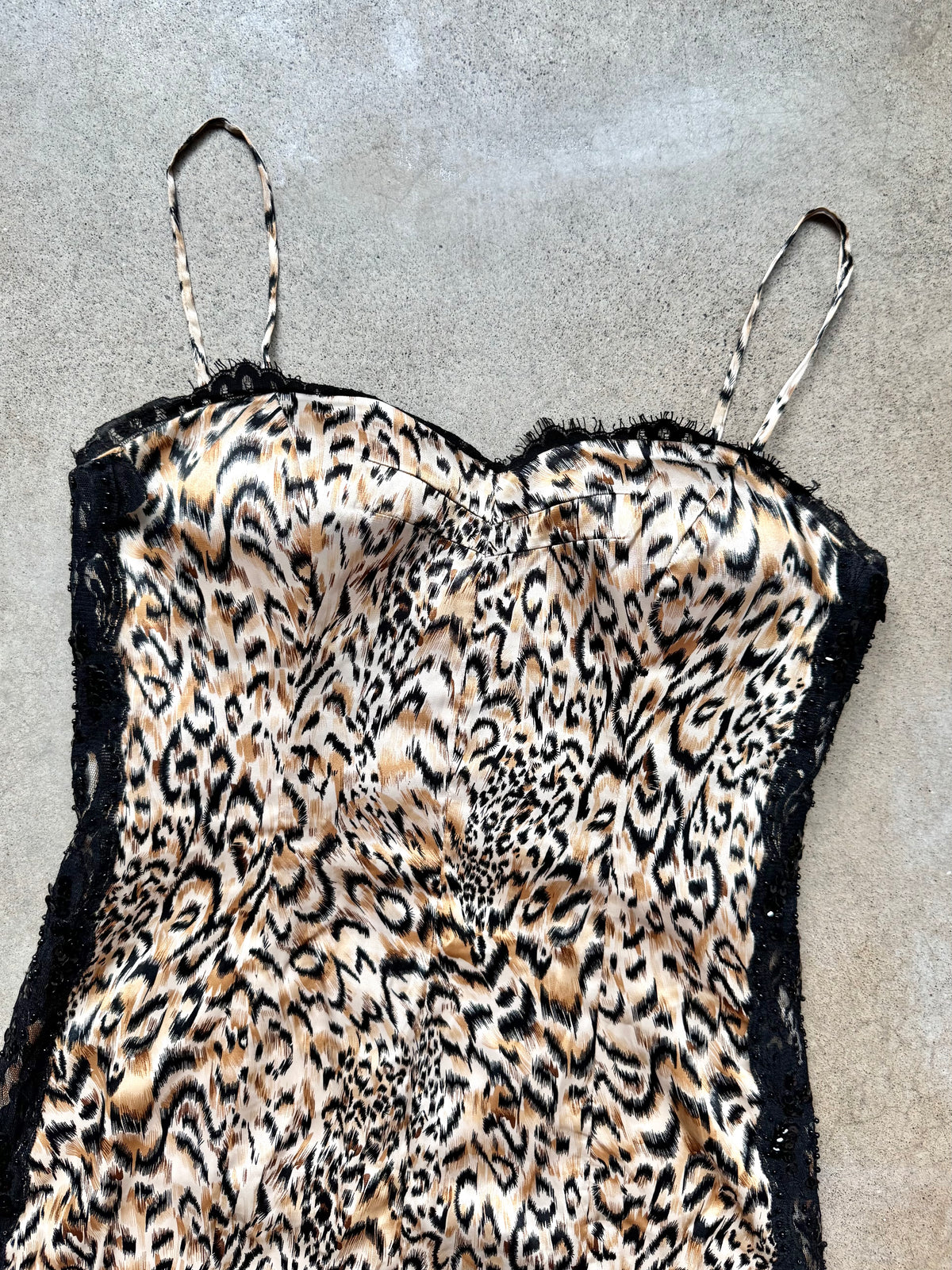 Vintage 1990s Dolce Jovani Leopard Print Satin Beaded Lace Trim Cocktail Dress | Small