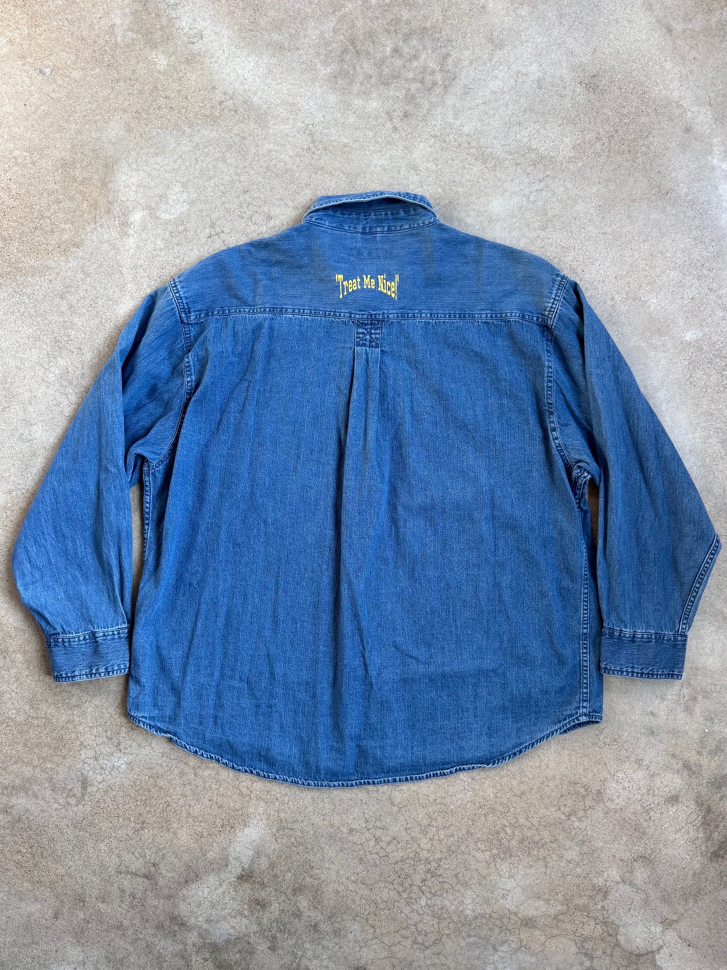 Vintage 1990s Elvis Presley "Treat Me Nice" Embroidered Denim Shirt | XXL