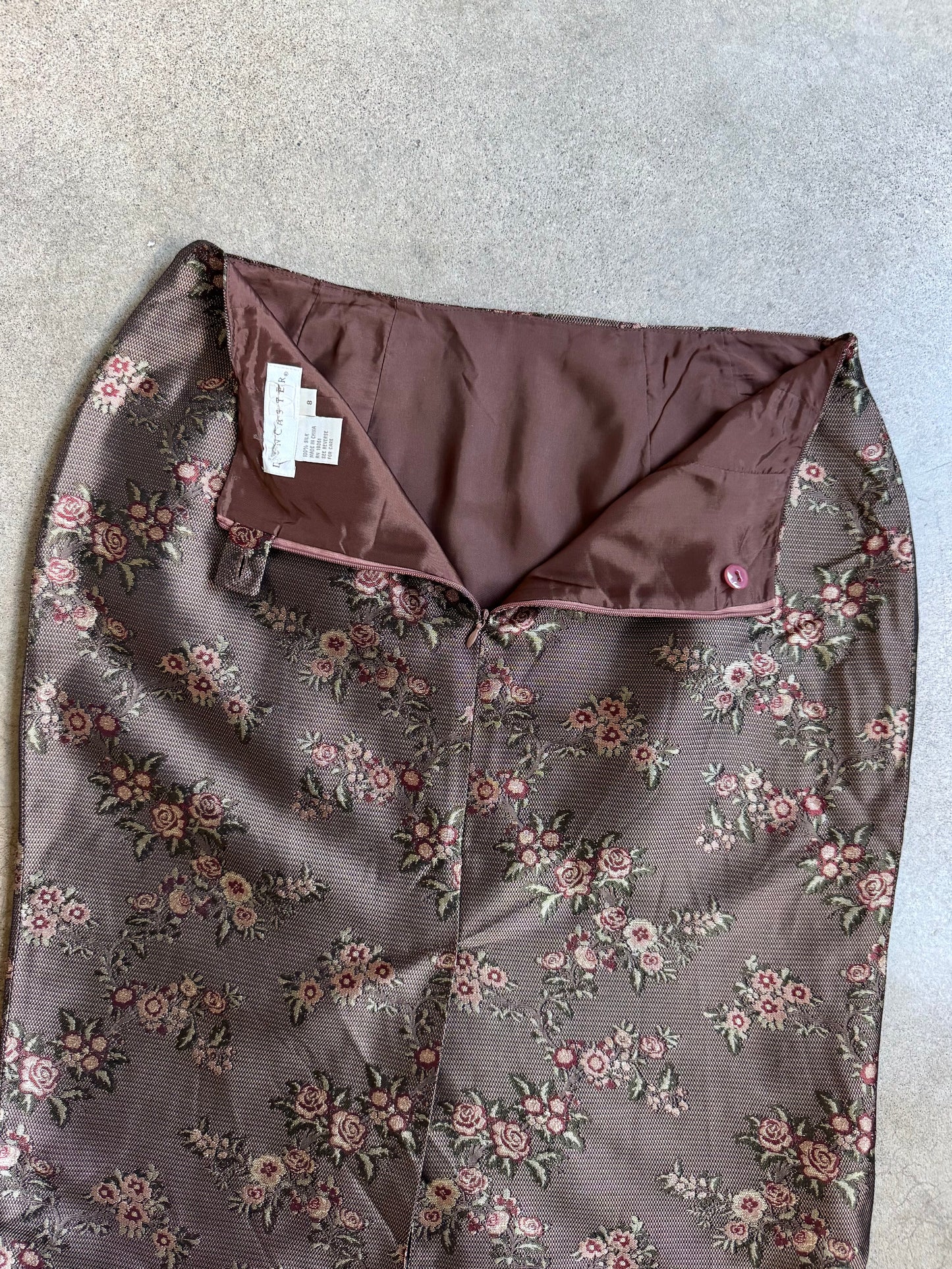 Vintage Doncaster 100% Silk Brown Floral Pencil Skirt | Waist 29”
