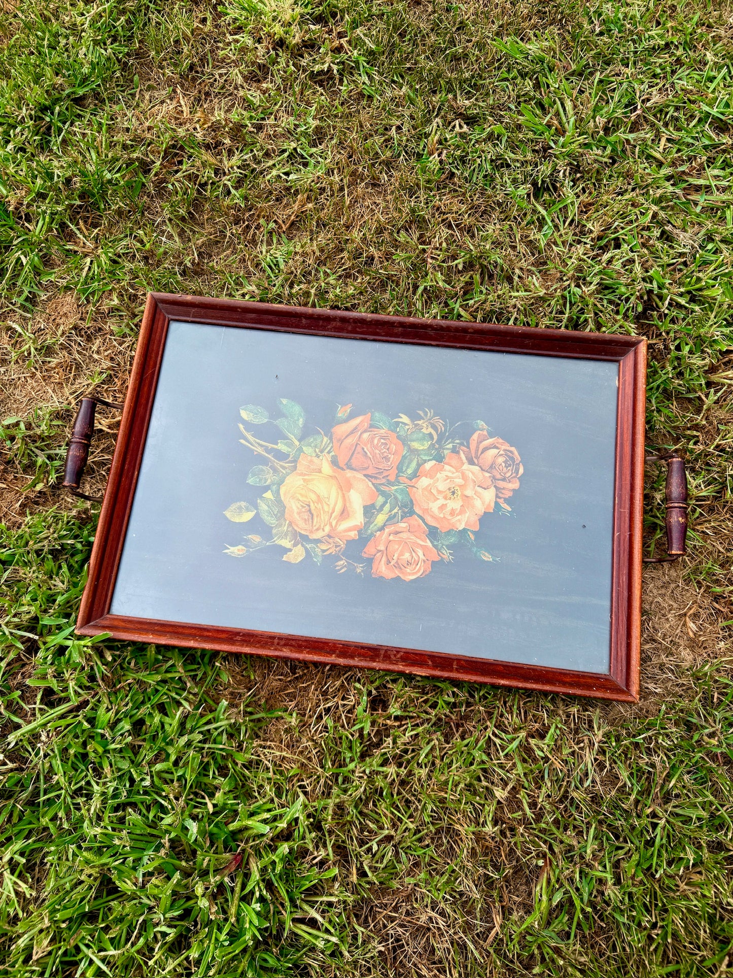 Vintage 1960s Wood & Glass Floral Print Serving Tray