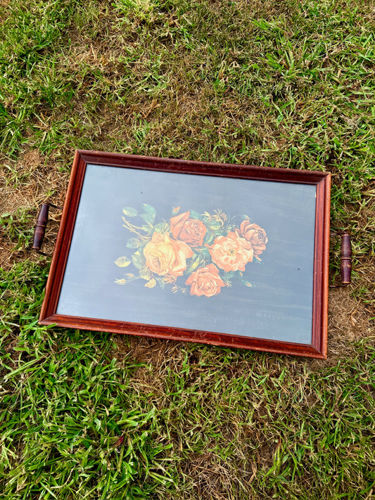 Vintage 1960s Wood & Glass Floral Print Serving Tray
