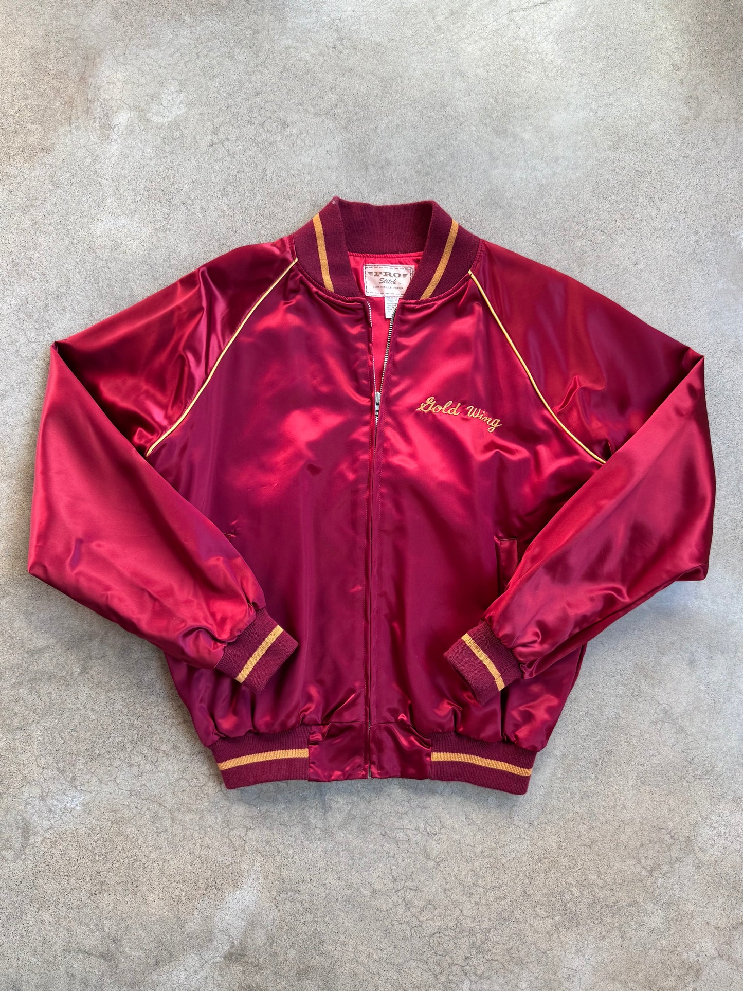 Vintage 1970s Burgundy "Gold Wing" Racing Satin Bomber Jacket | Large