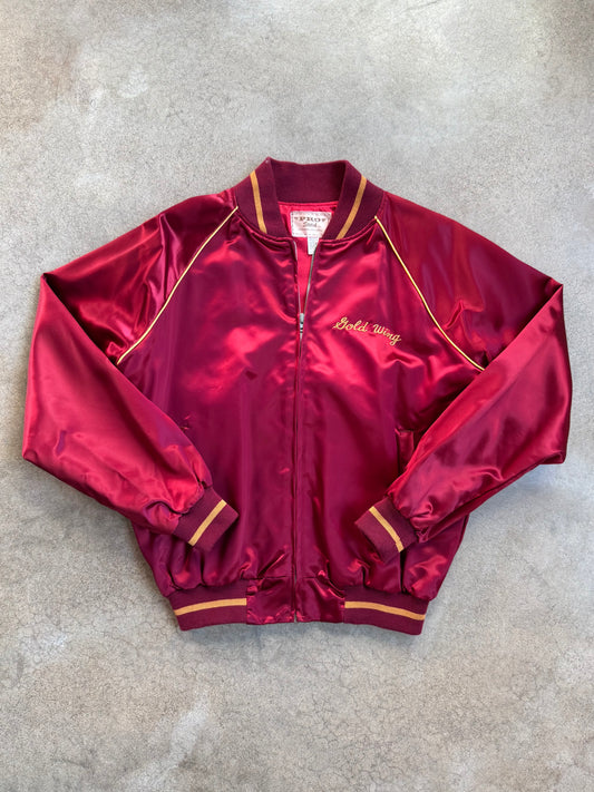 Vintage 1970s Burgundy "Gold Wing" Racing Satin Bomber Jacket | Large