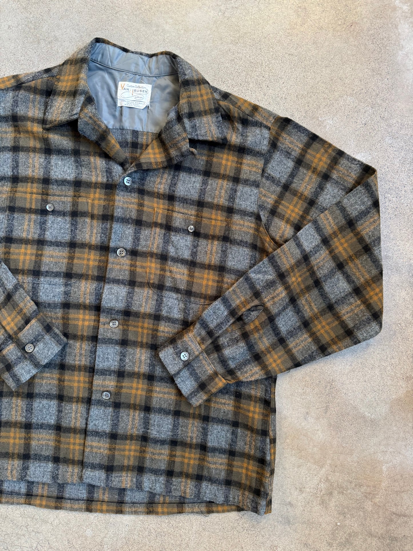 Vintage 1960s Van Heusen Grey Plaid Wool-Blend Flannel Shirt | Medium