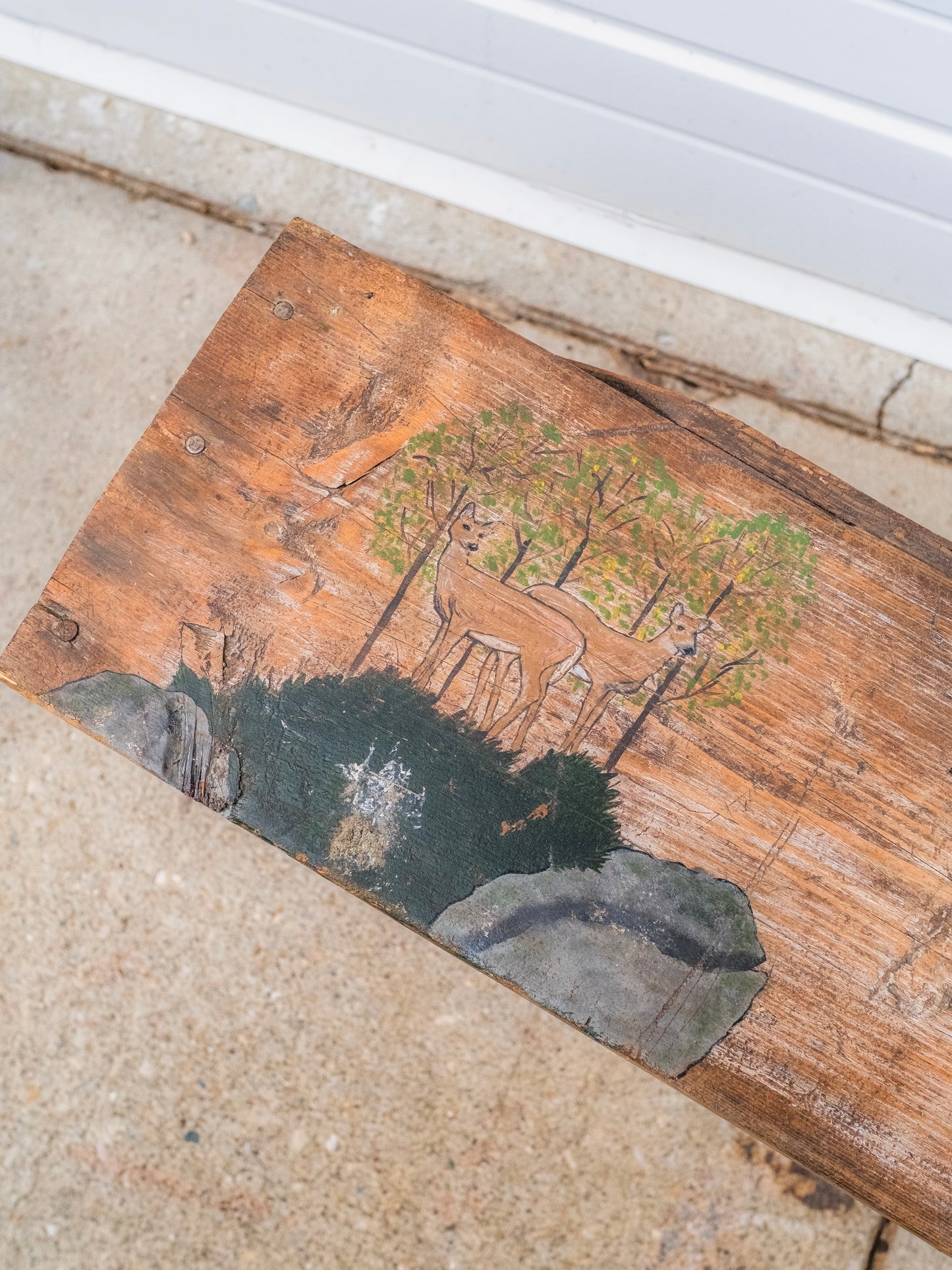 Vintage 1980s Folk Art “Deer in Woods” Painted Wood Bench