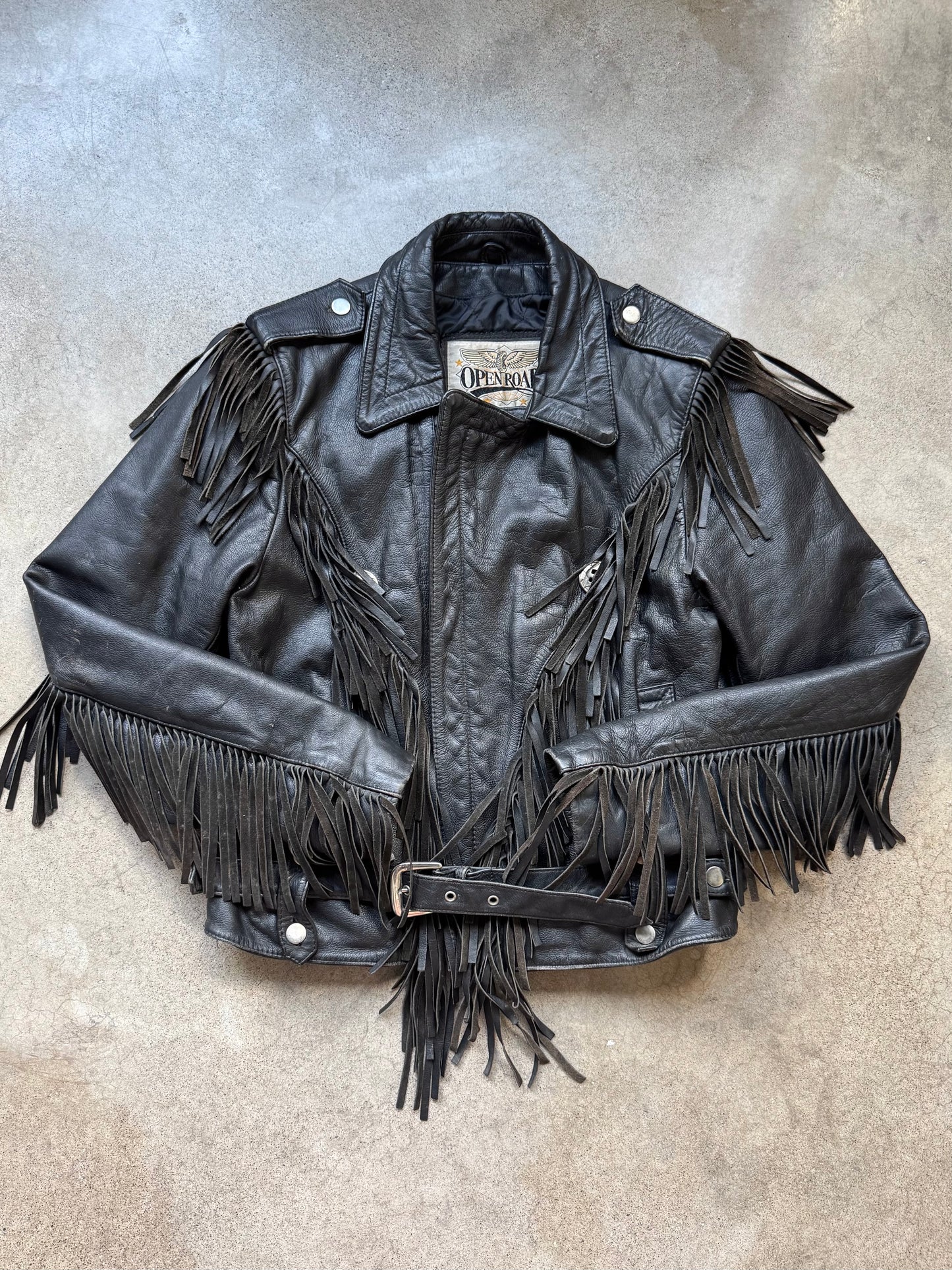 Vintage 1980s Open Road Black Leather Western Fringe Biker Jacket | 40