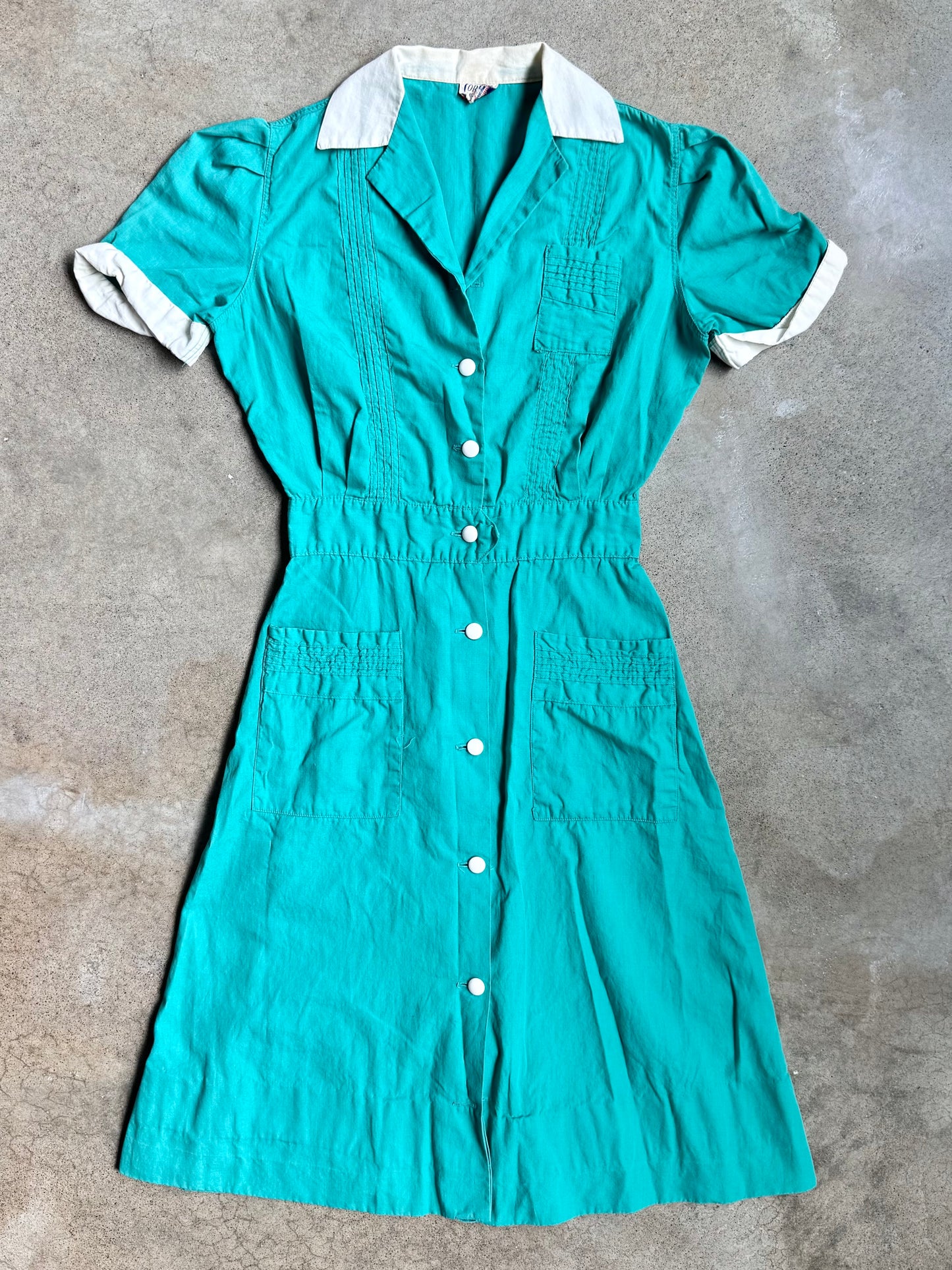 Vintage 1940s Teal & White Corliss Uniform Dress | XS