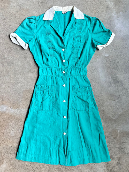 Vintage 1940s Teal & White Corliss Uniform Dress | XS
