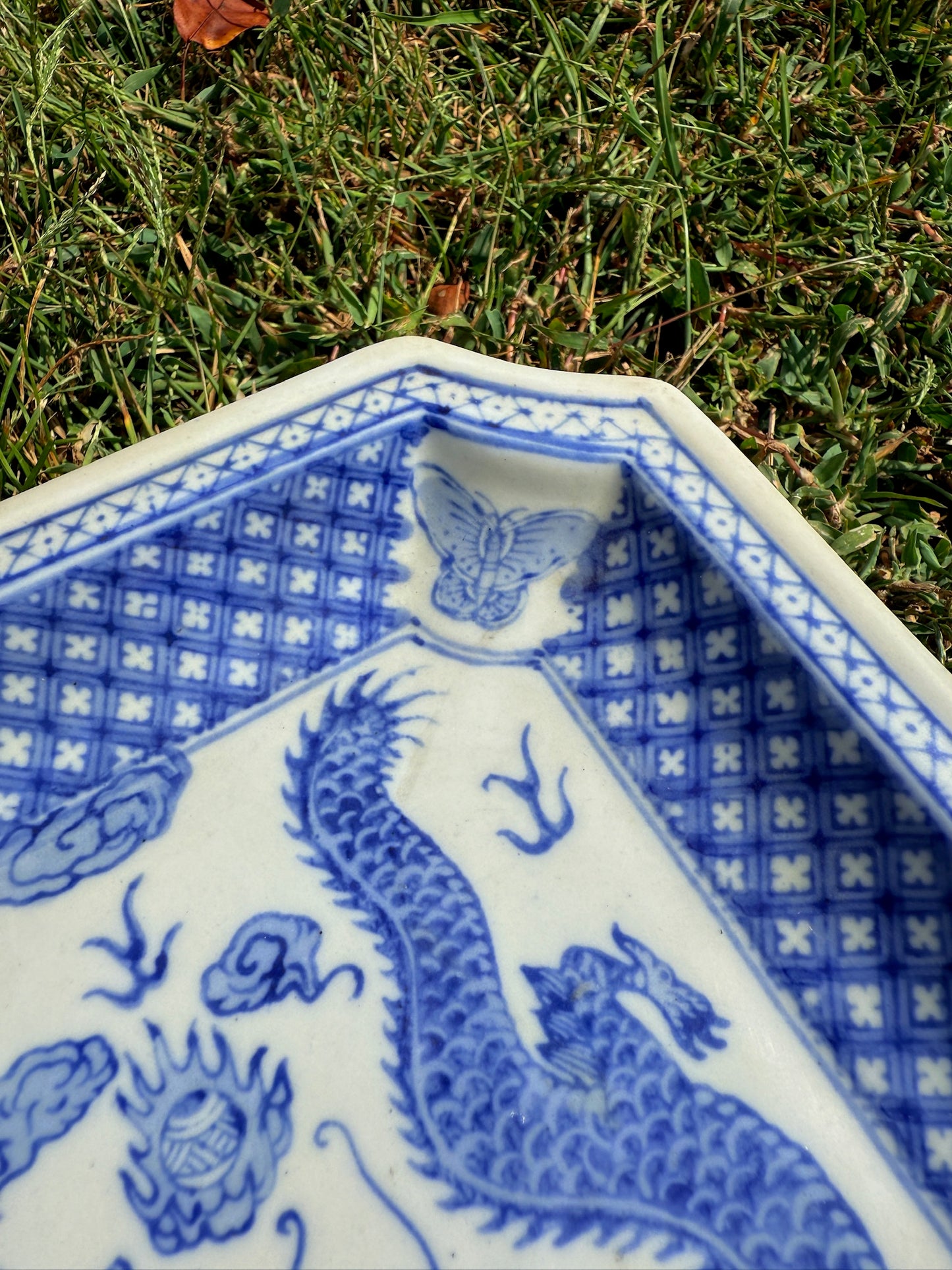 Vintage 1970s Blue & White Porcelain Twin Dragons Decorative Plate