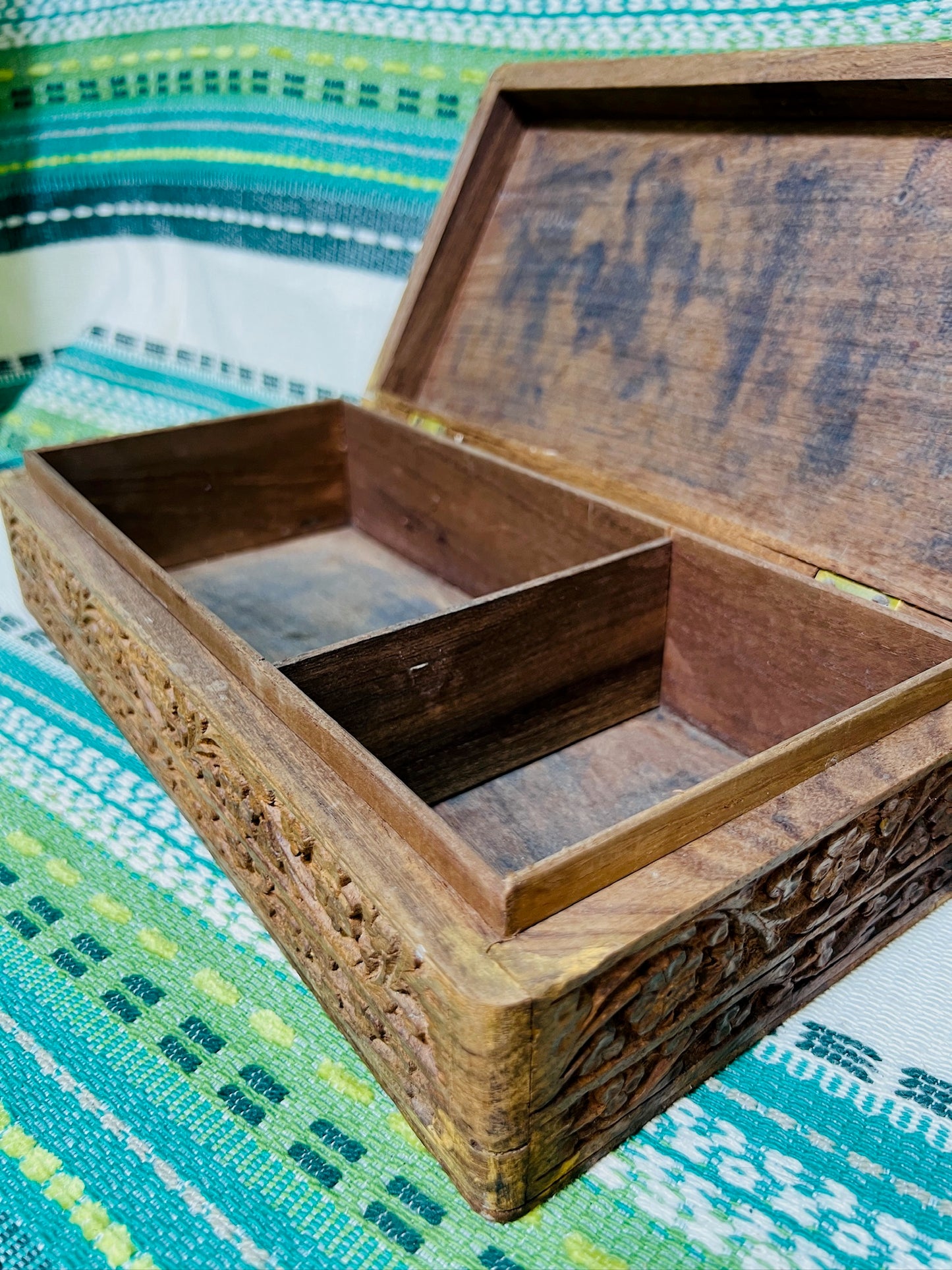 Vintage 1950s Carved Teak Wood Box