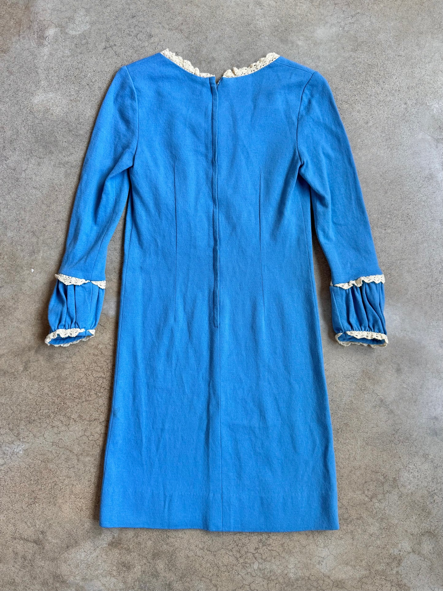 Vintage 1960s Denise Blue Wool & Crochet Trim Long Sleeve Dress | XS