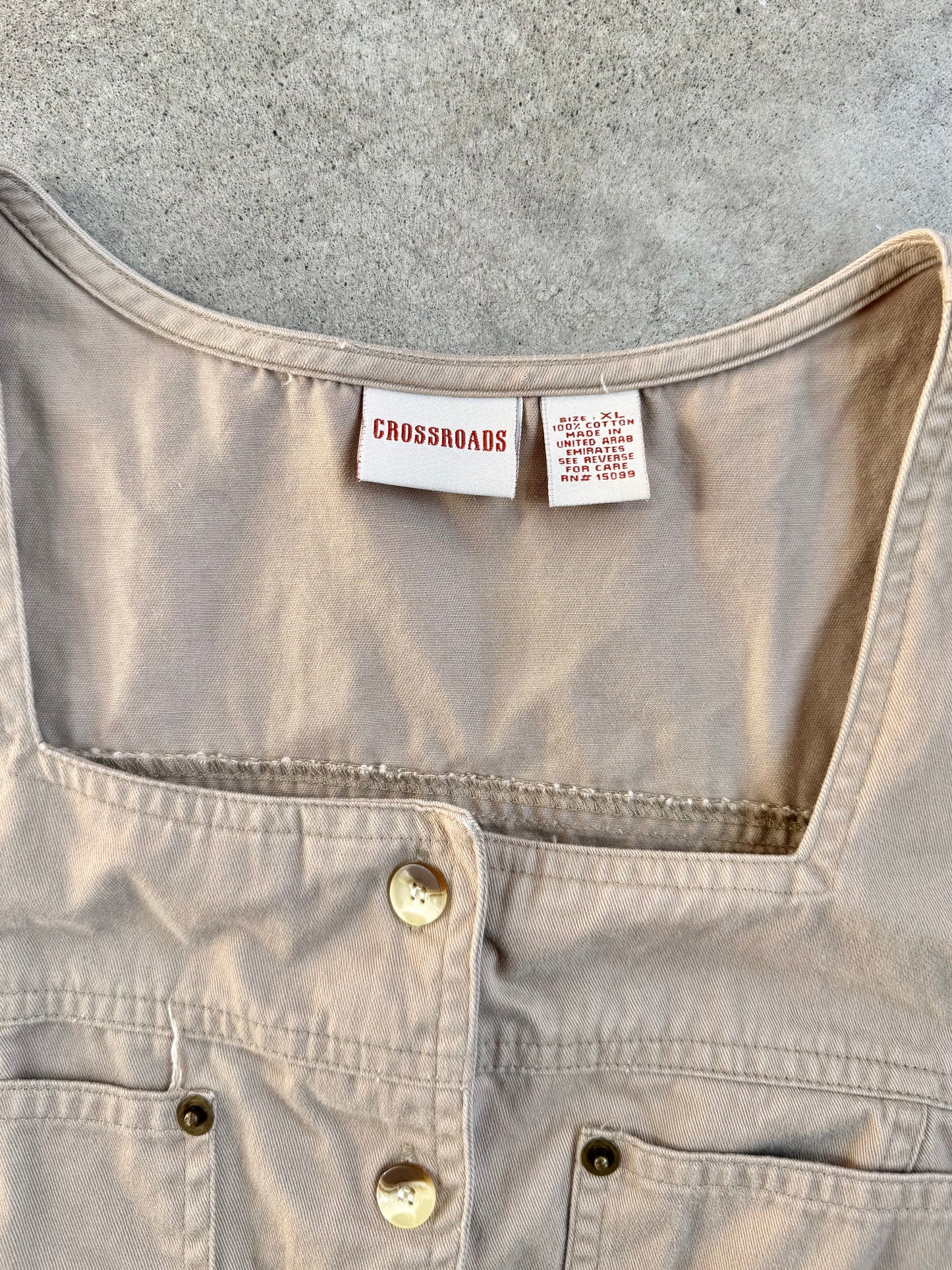 Vintage 1990s Crossroads Khaki Cotton Sleeveless Button-Front Dress | XL
