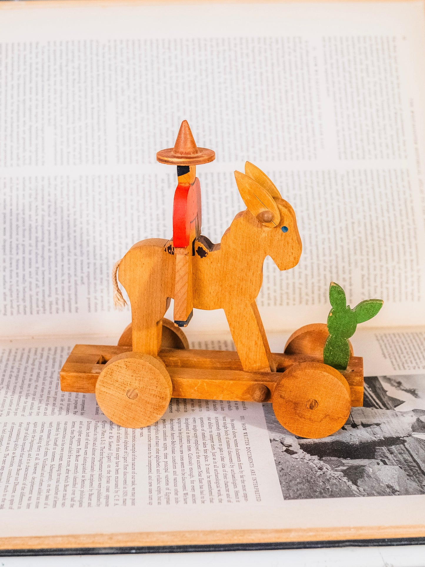 Vintage Folk Art “Donkey & Rider” Wooden Pull Toy
