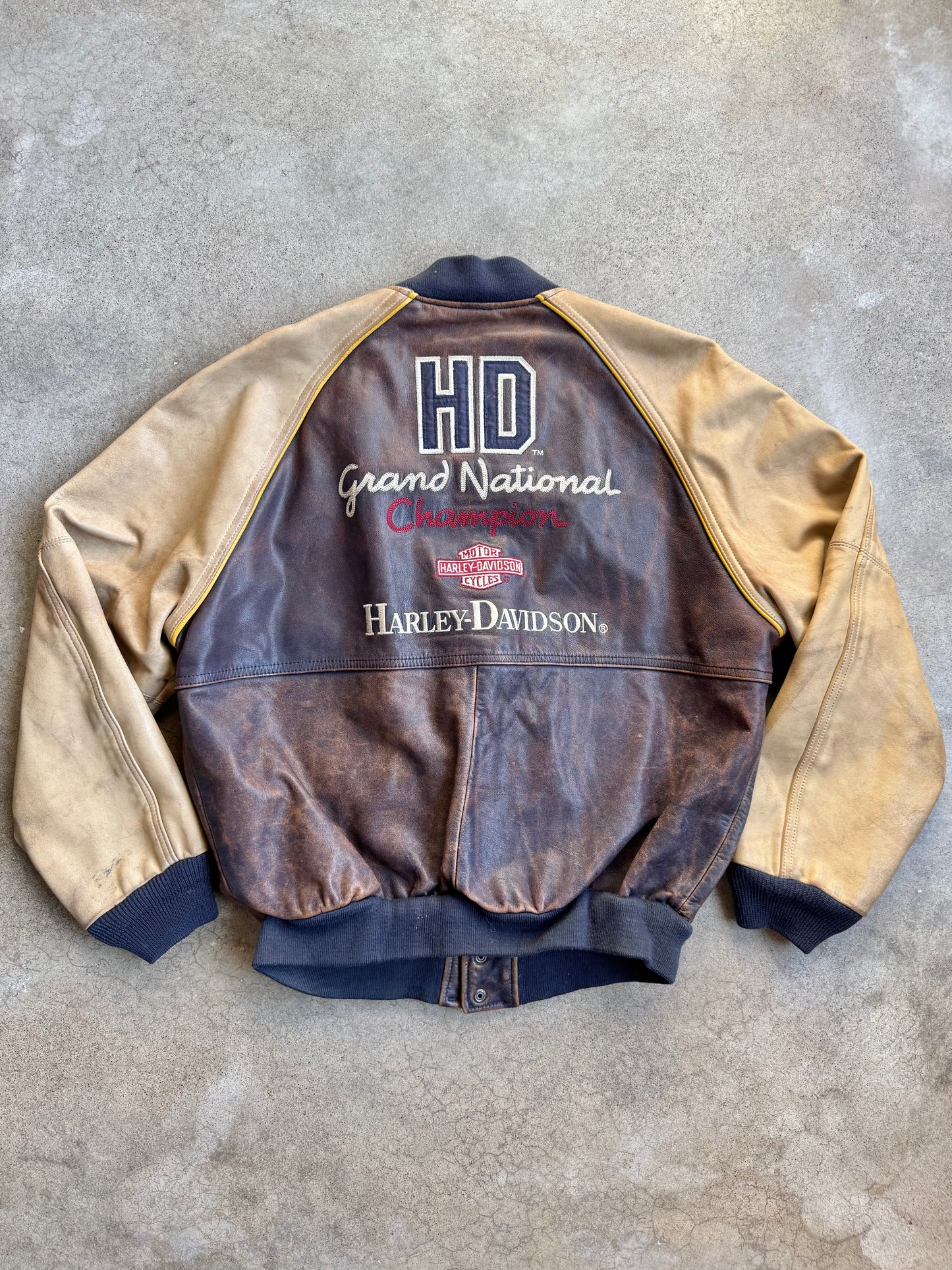 Vintage 1990s Harley Davidson Grand National Champion Leather Bomber Jacket | Medium