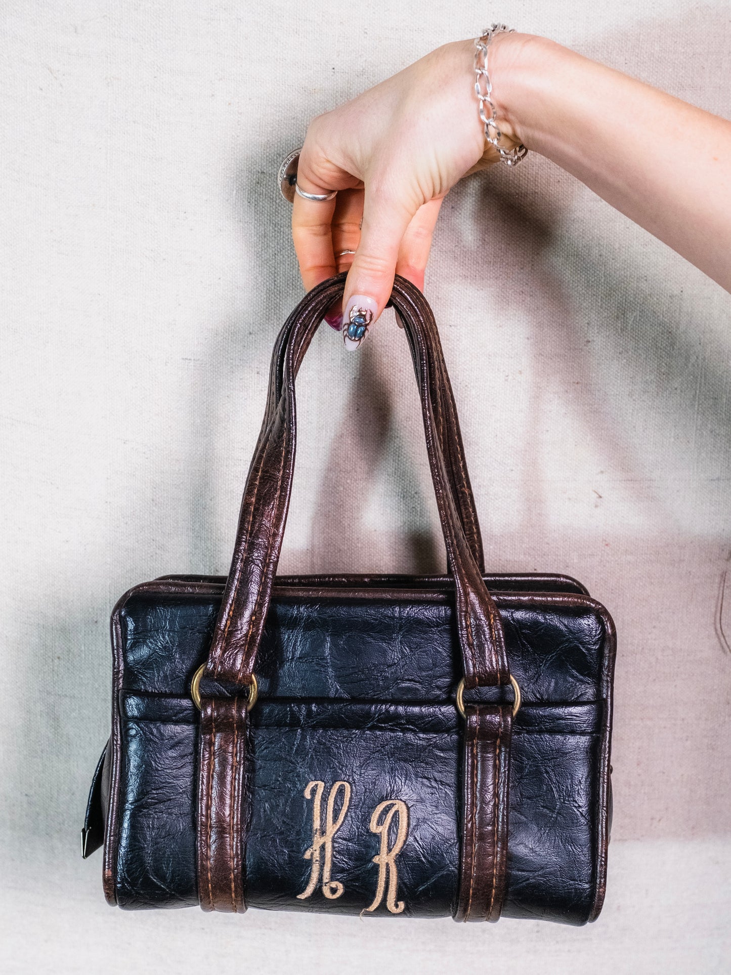 Vintage 1970s Monogrammed Two-Tone Leather Top Handle Purse