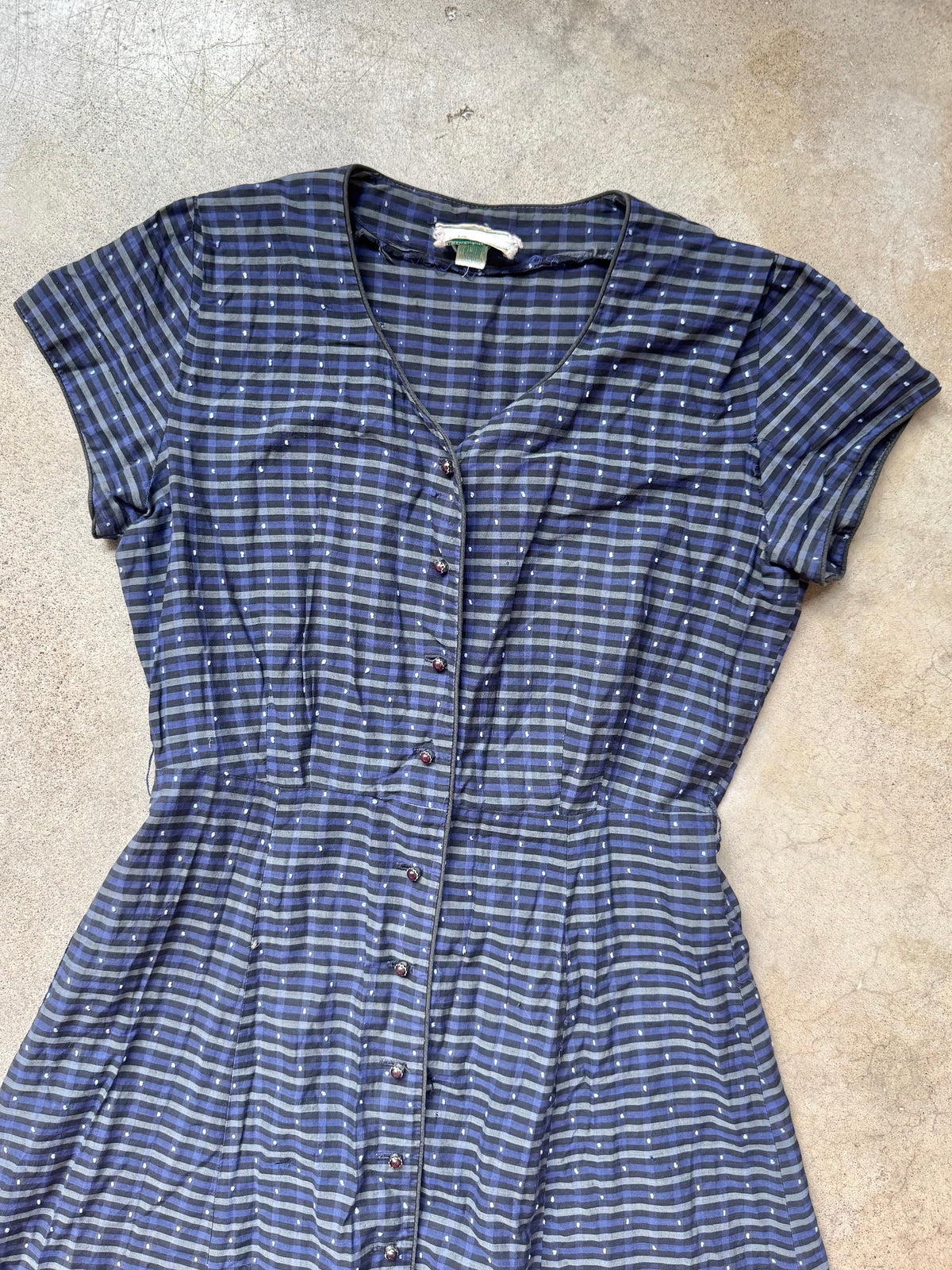 Vintage 1950s Berkshire Navy Swiss Dot Plaid Short Sleeve Button-Front Dress | XS