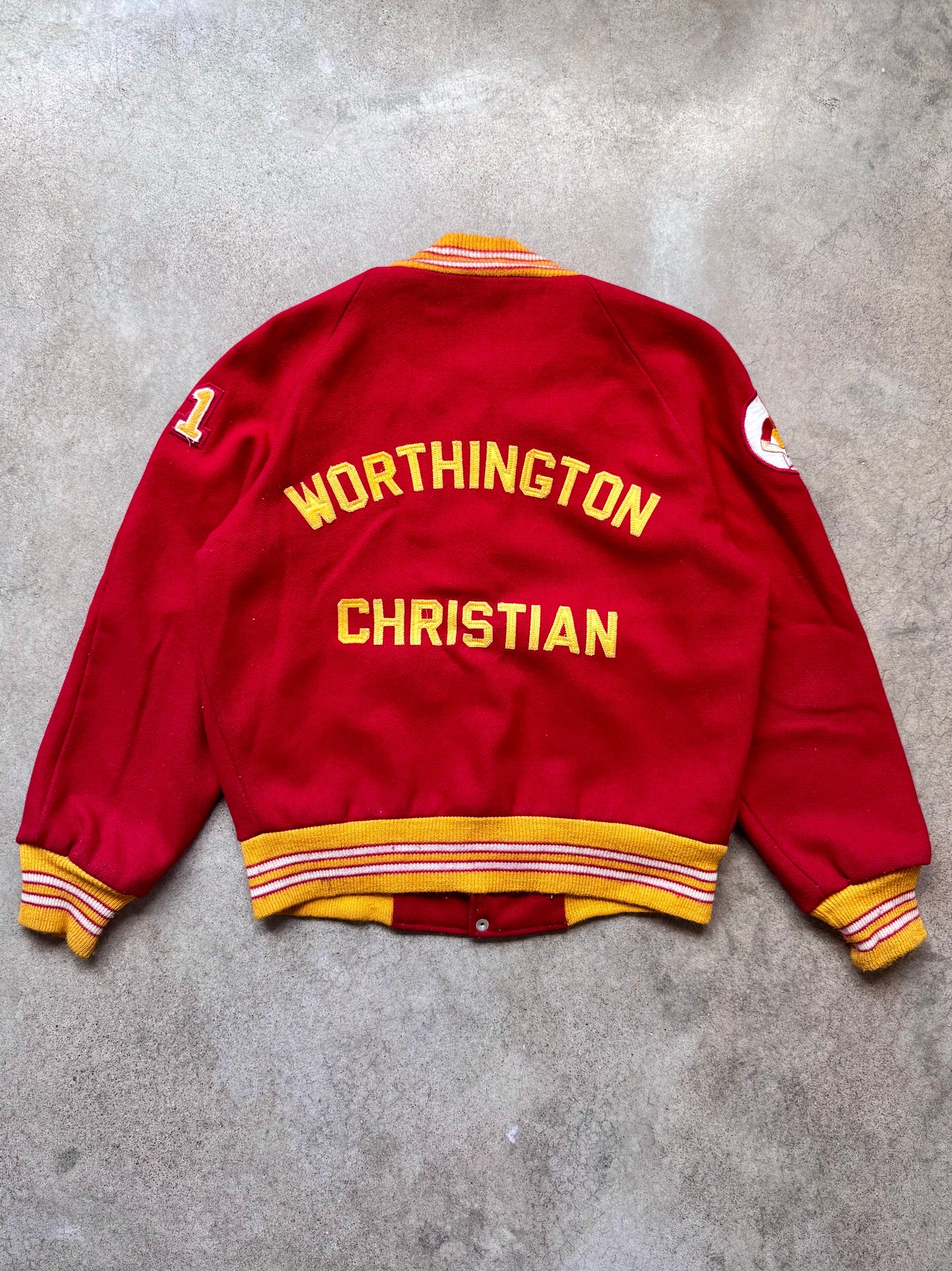 Vintage 1981 Worthington Christian Red & Gold Wool Letterman Varsity Jacket | Large