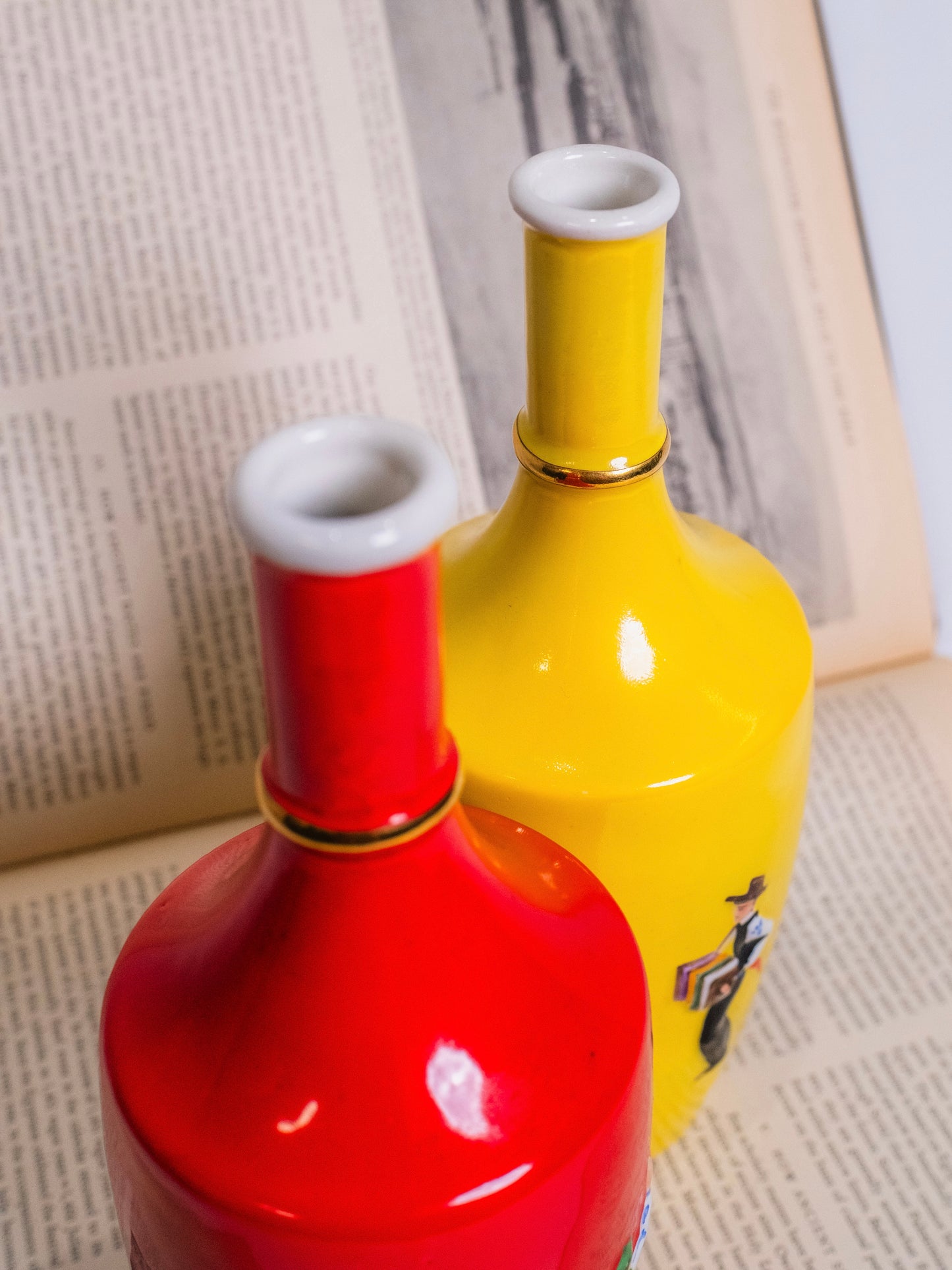 Vintage 1950s Real Vinicola Portugal Red & Yellow Ceramic Wine Bottles | Set of 2