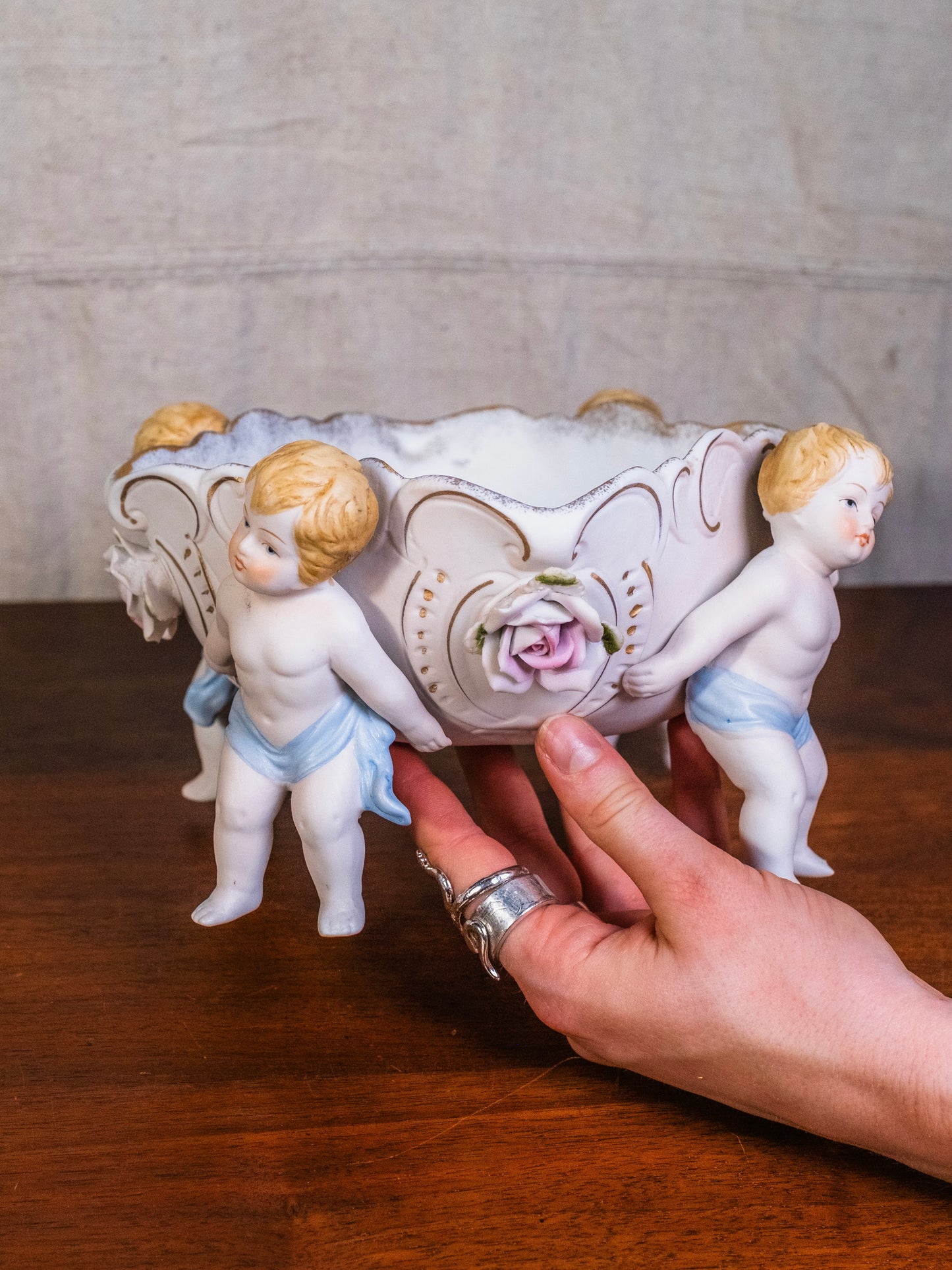 Antique Porcelain Cherub Footed Centerpiece Bowl