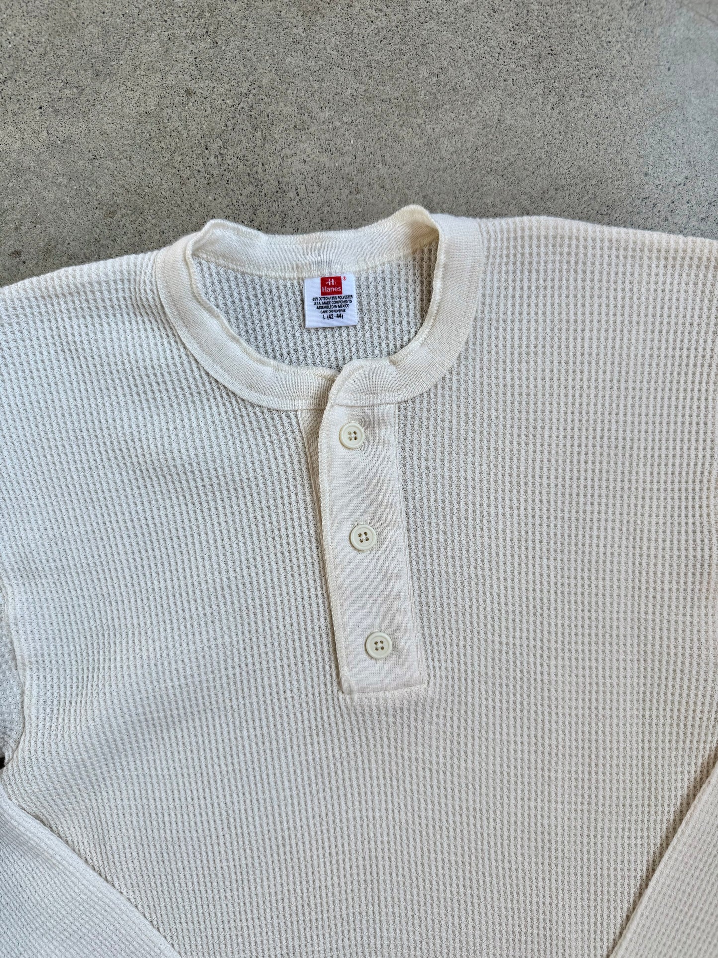 Vintage 1990s Hanes White Waffle Knit Henley Thermal | Large