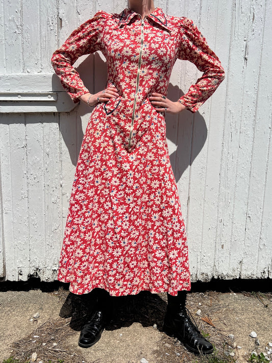 Vintage 1940s Red Floral Collared Zip-Front Maxi Dress | S/M