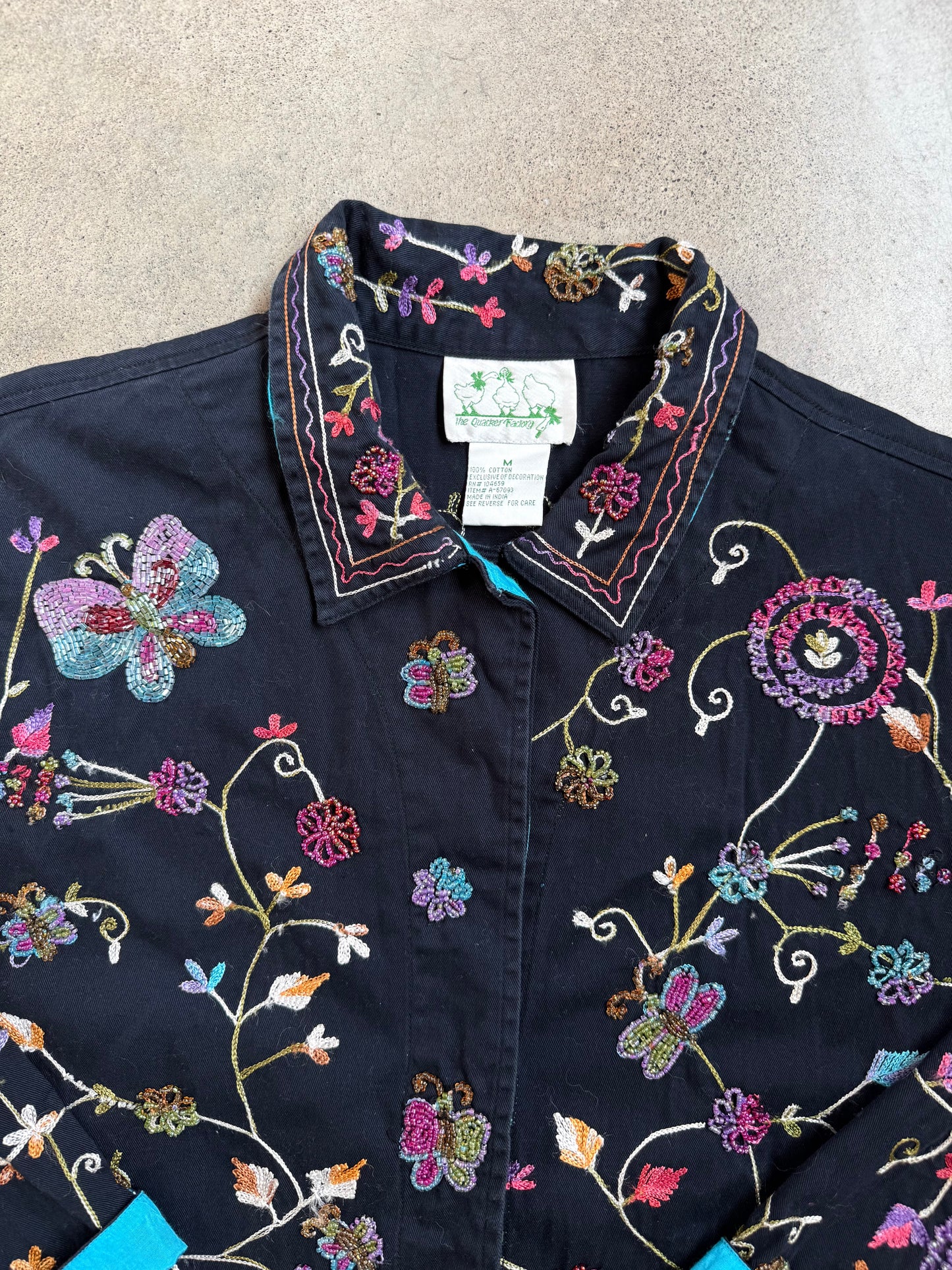 Vintage 1990s The Quacker Factory Beaded Butterfly Springtime Cotton Jacket | Medium