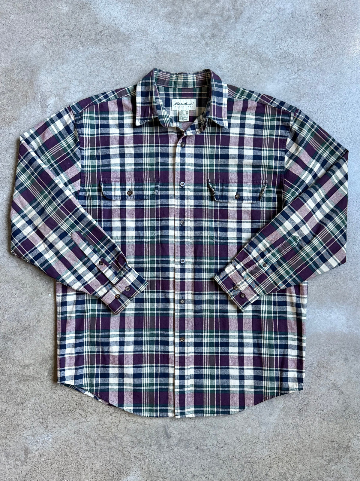 Vintage 1990s Eddie Bauer Dark Plaid Cotton Button-Up Shirt | Medium