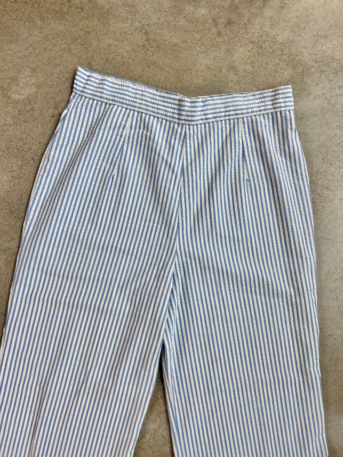 Vintage 1970s Donnkenny Blue Striped Seersucker Wide-Leg Pants | Waist 30”