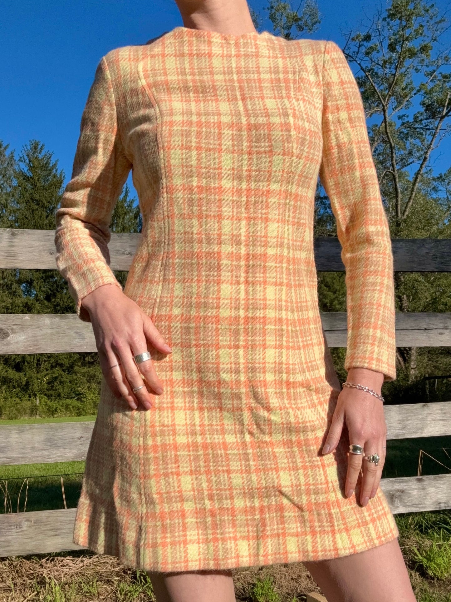 Vintage 1960s Pastel Plaid Wool-Blend Long Sleeve Mini Dress | S/M