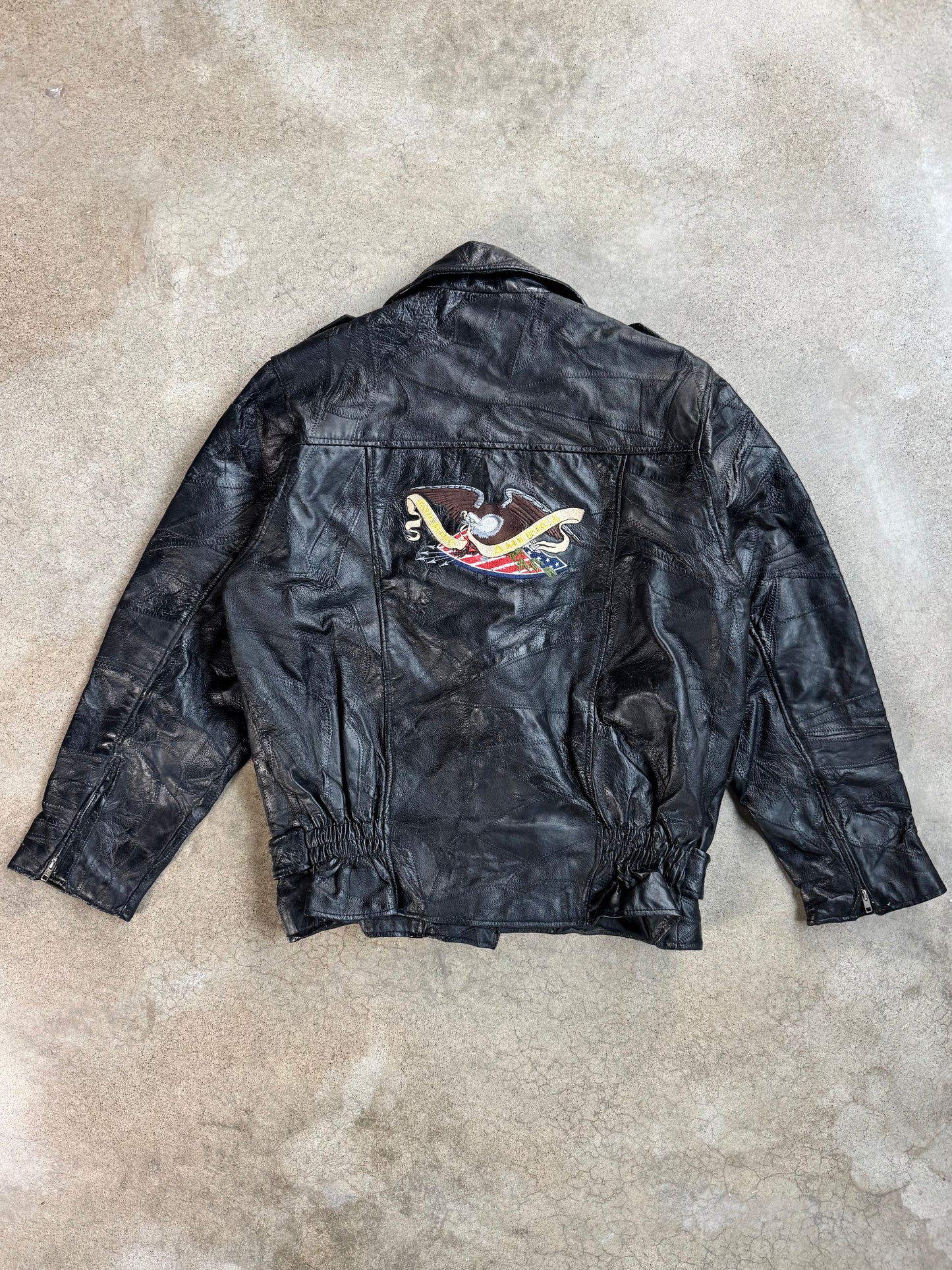 Vintage 1970s Black Leather Patchwork "God Bless America" Biker Jacket | XXL