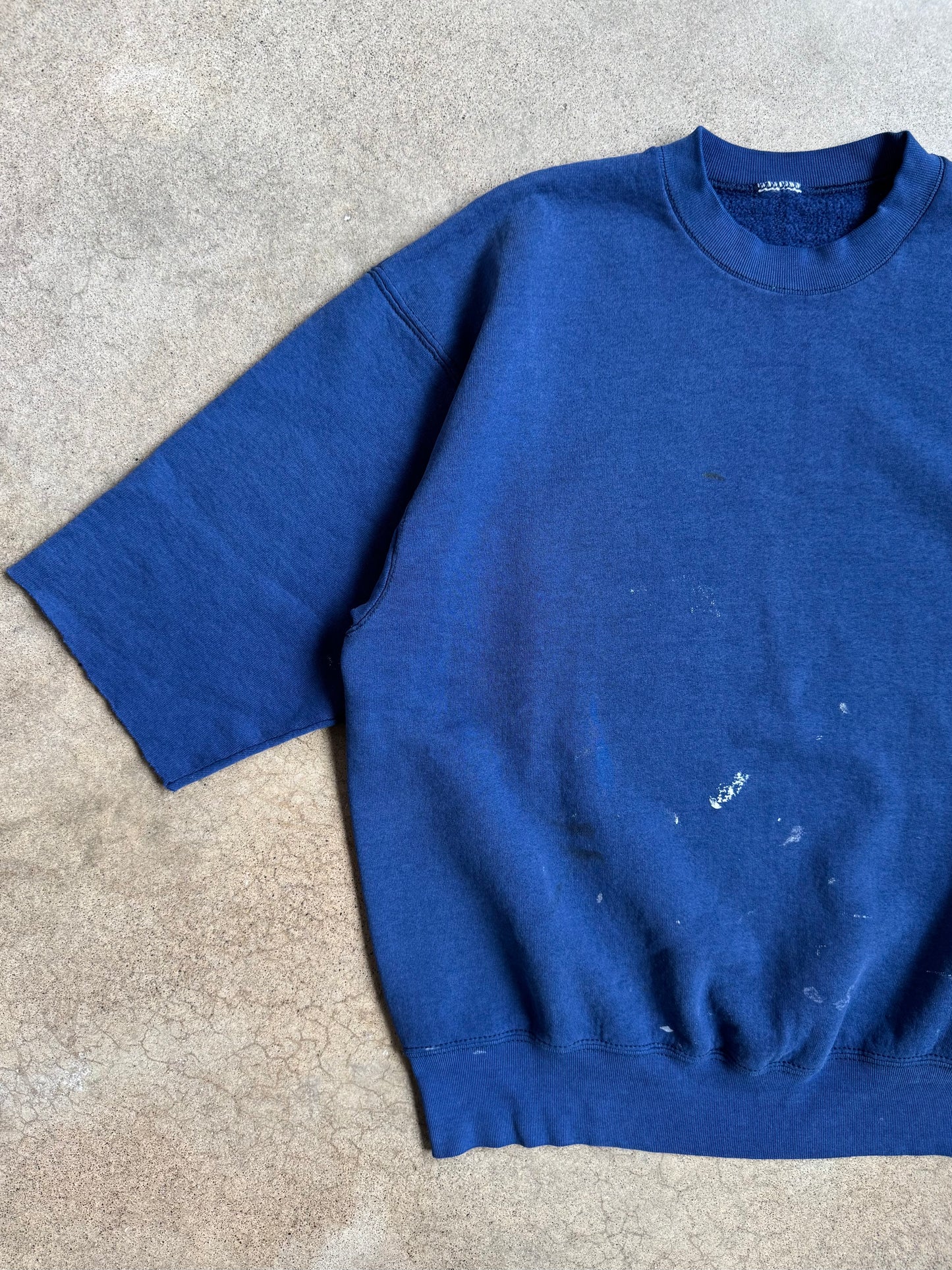 Vintage 1980s Navy Blue Paint Splattered Cut-Off Sleeve Crewneck Sweatshirt | XL