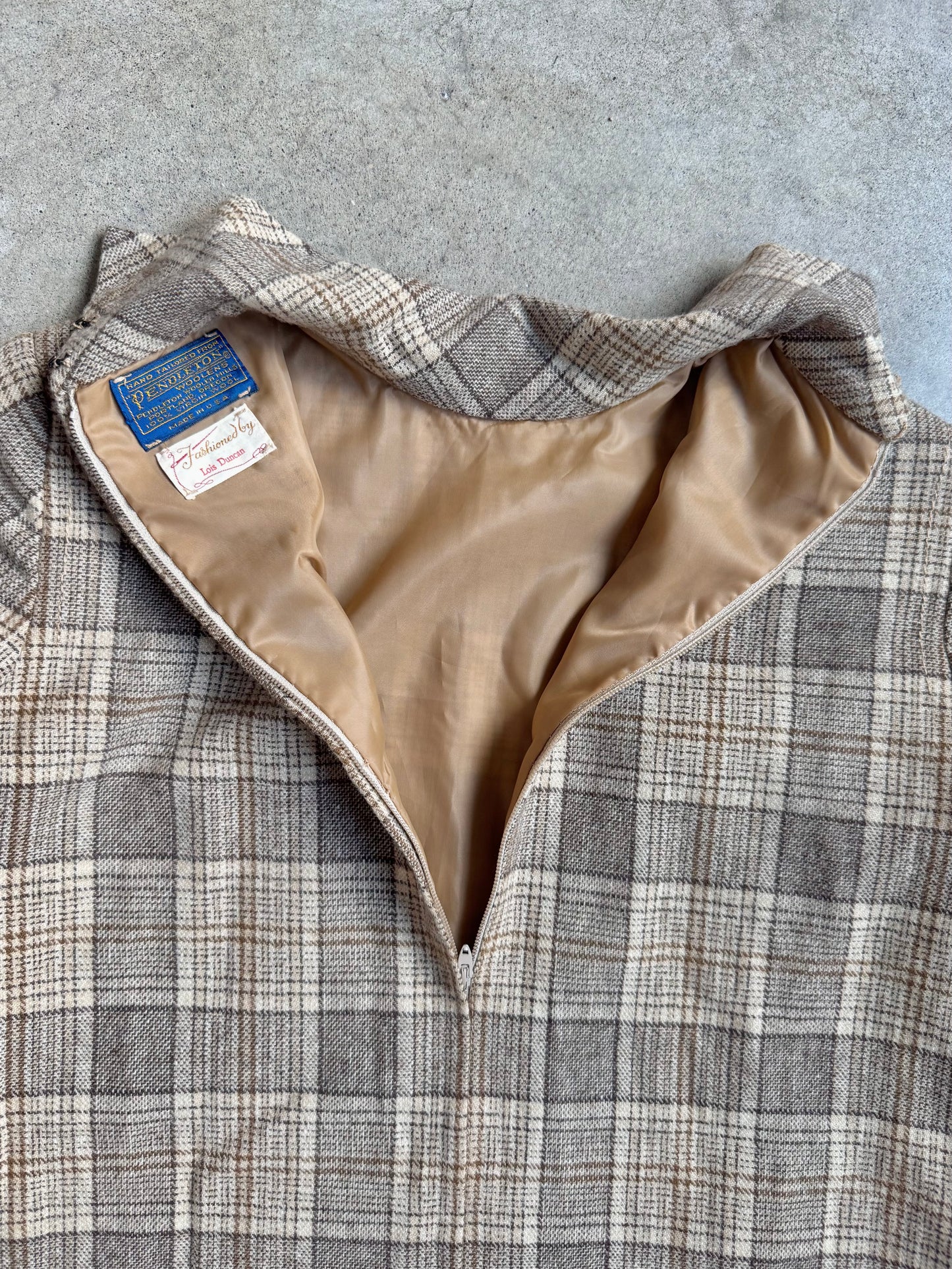 Vintage 1960s Pendleton Brown-Tone Plaid Wool High-Neck Belted Dress | Small