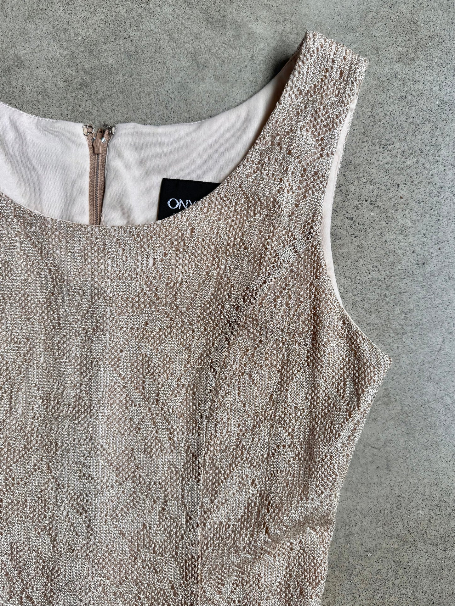 Vintage 1990s Onyx Nite Cream & Gold Metallic Crochet Dress | Medium