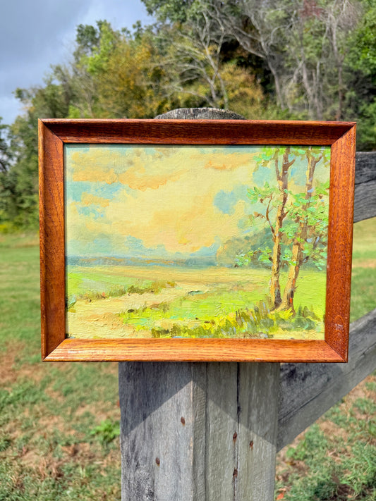 Vintage 1950s Wood Framed Meadow Landscape Oil Painting