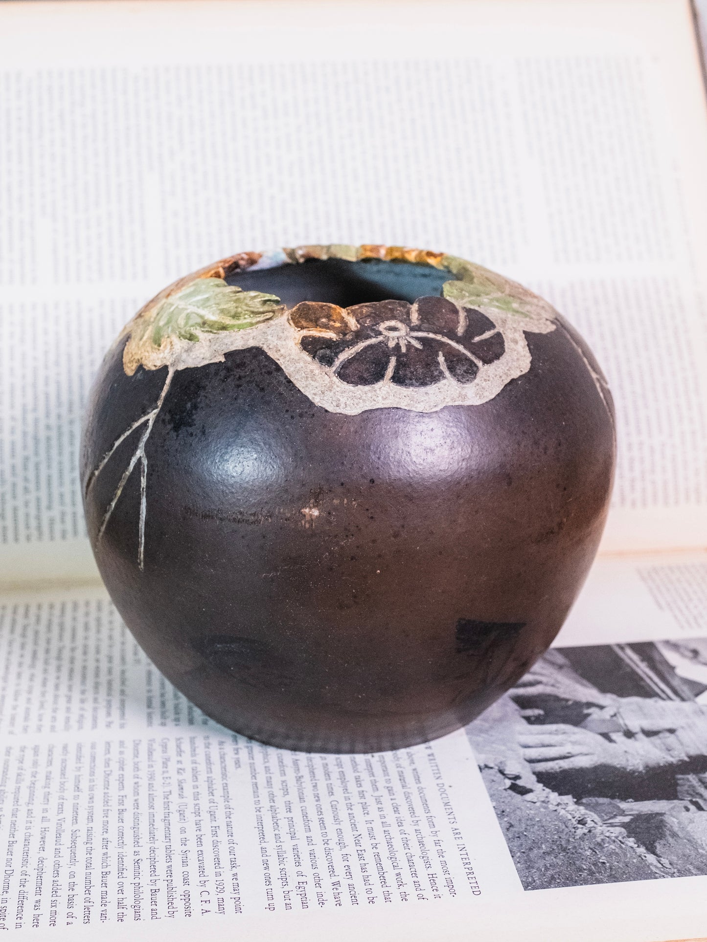 Vintage 1980s Signed Studio Pottery Floral Pattern Vase