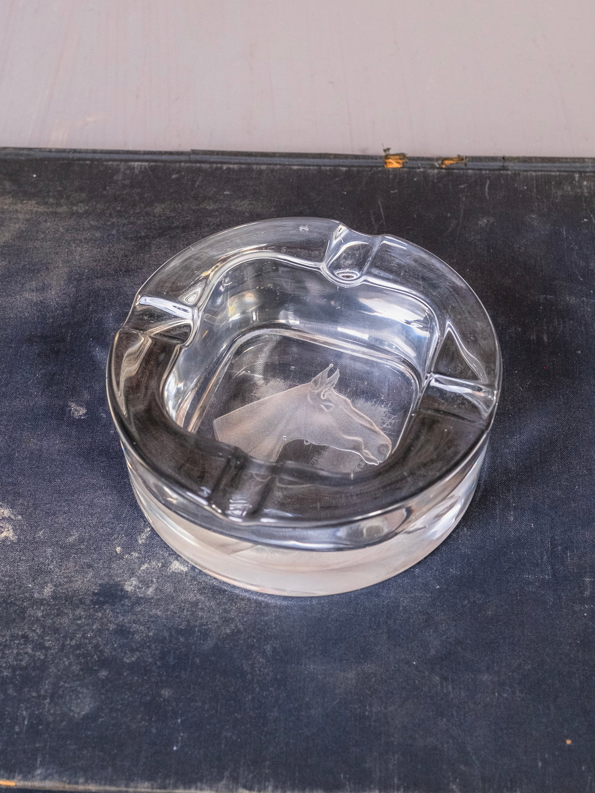 Vintage Round Solid Crystal Etched Horse Head Ashtray