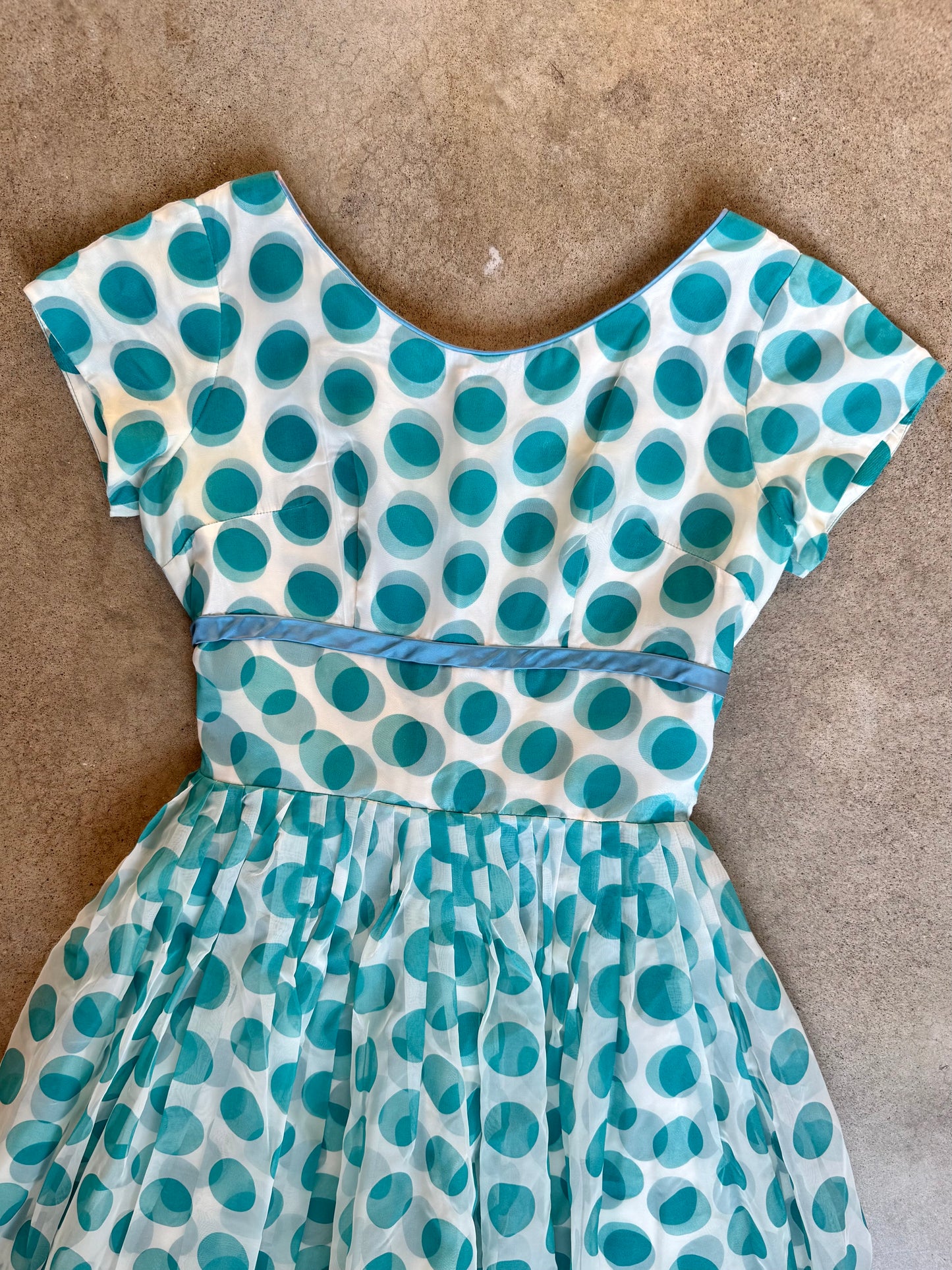 Vintage 1950s Teal Polka Dot Short Sleeve Fit & Flare Swing Dress | Medium