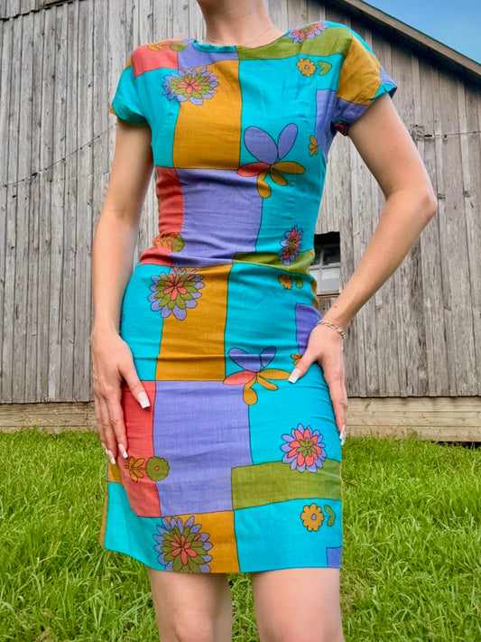 Vintage 1960s Rhapsody Floral Patchwork Print Short Sleeve Dress | Small