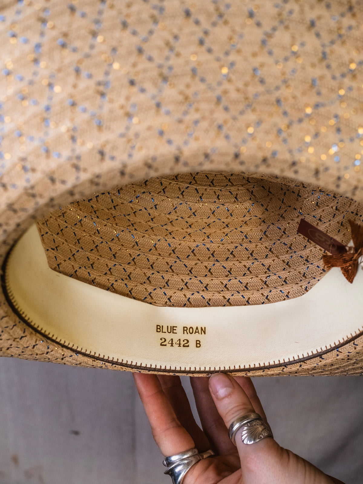 Vintage Rockmount Ranchwear Blue & Gold Metallic Straw Cowboy Hat